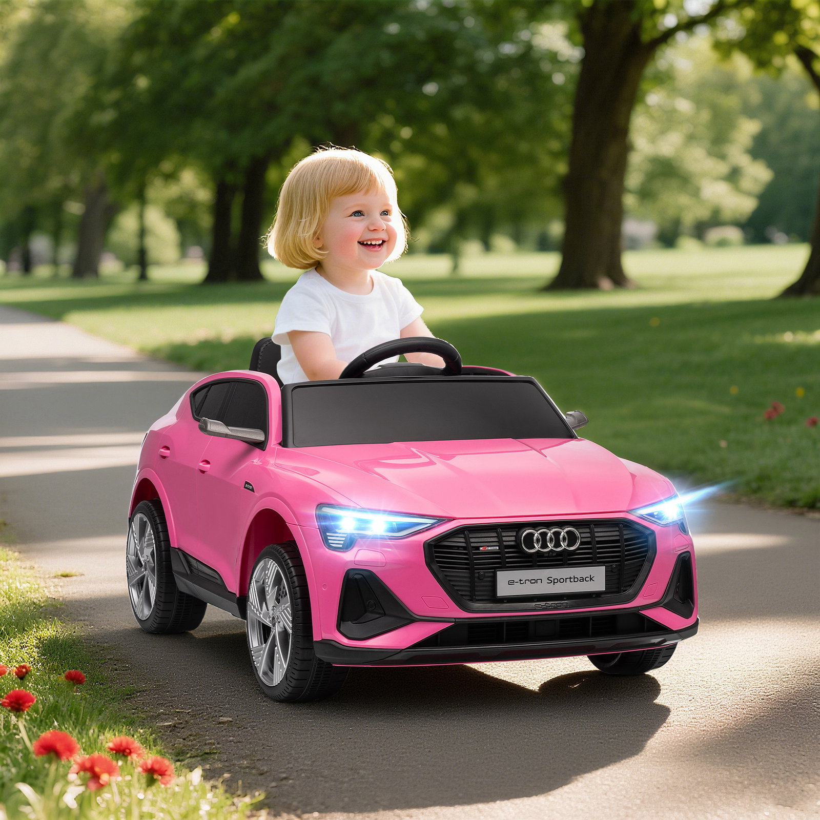 Carro elétrico audi e-tron 12v com faróis buzina música mp3 tf USB e abertura da porta 3-8km/h 108x60x47 cm rosa