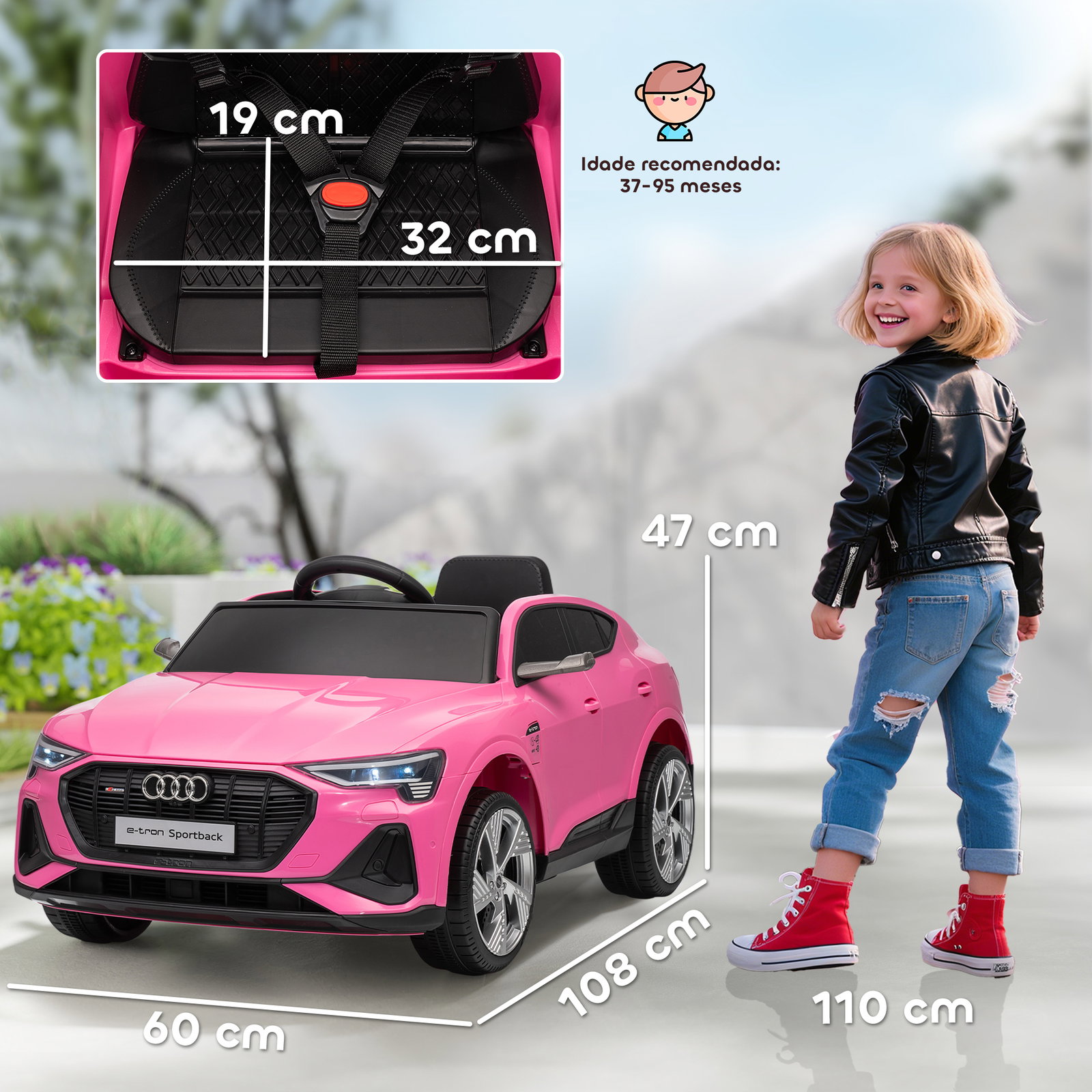 Carro elétrico audi e-tron 12v com faróis buzina música mp3 tf USB e abertura da porta 3-8km/h 108x60x47 cm rosa