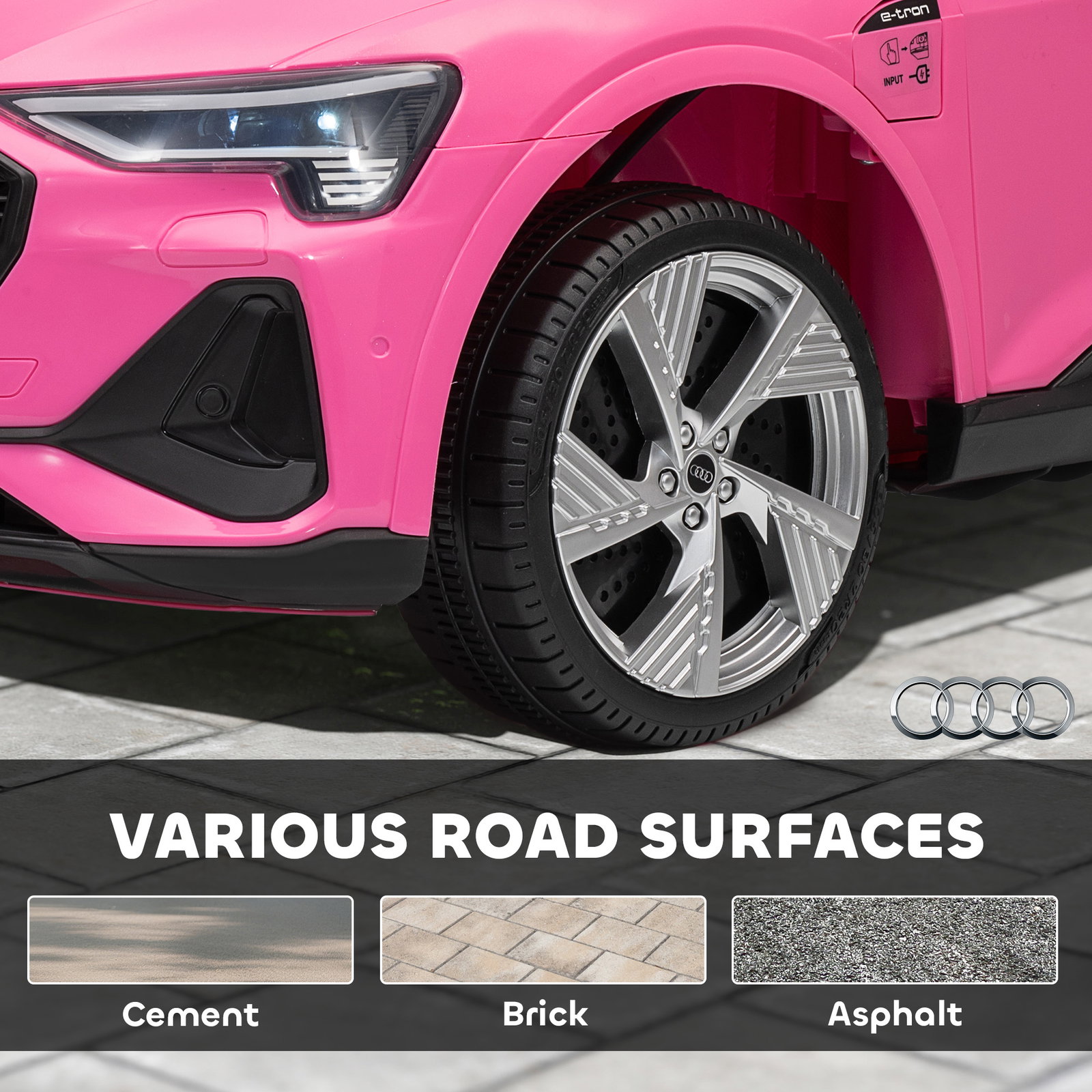 Carro elétrico audi e-tron 12v com faróis buzina música mp3 tf USB e abertura da porta 3-8km/h 108x60x47 cm rosa