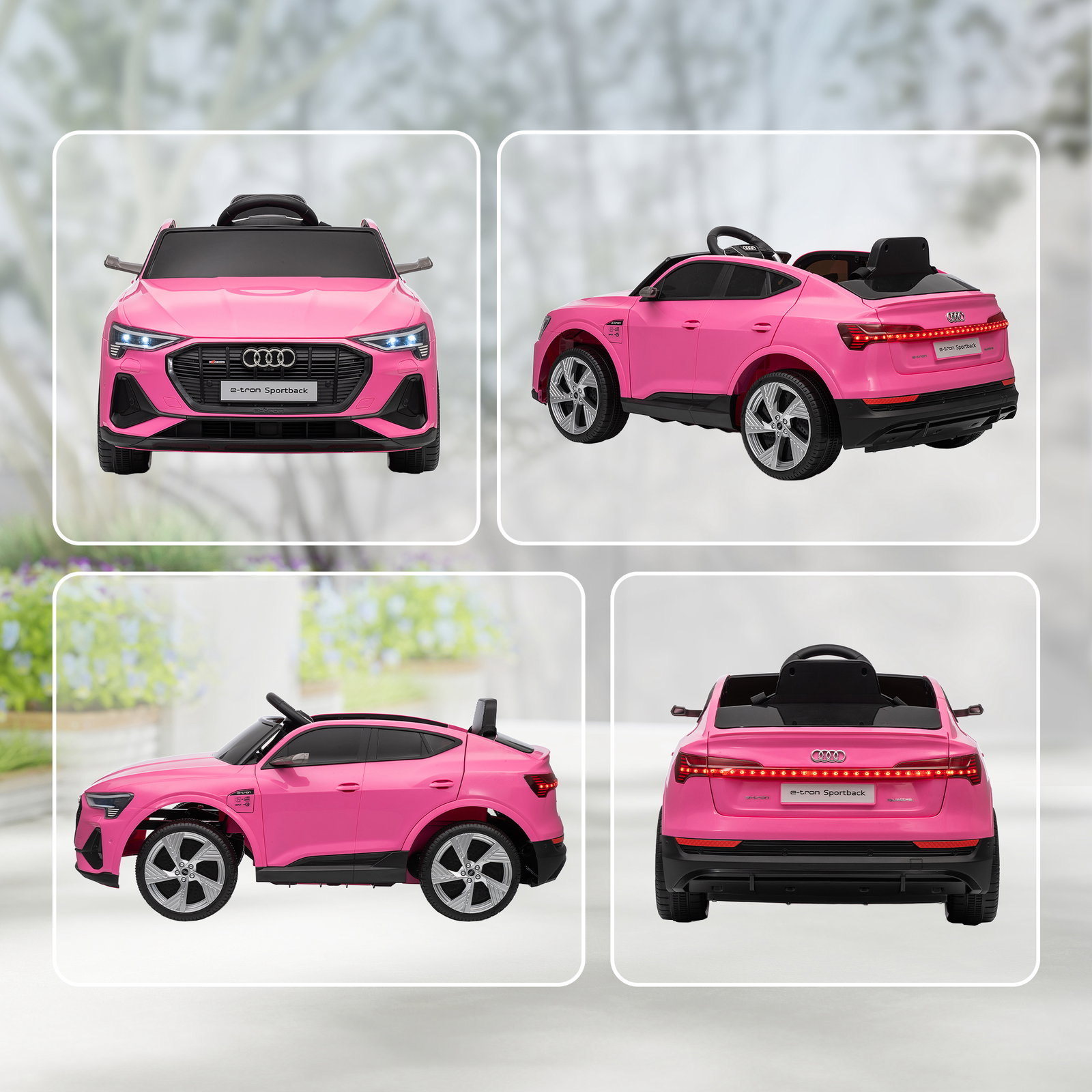 Carro elétrico audi e-tron 12v com faróis buzina música mp3 tf USB e abertura da porta 3-8km/h 108x60x47 cm rosa