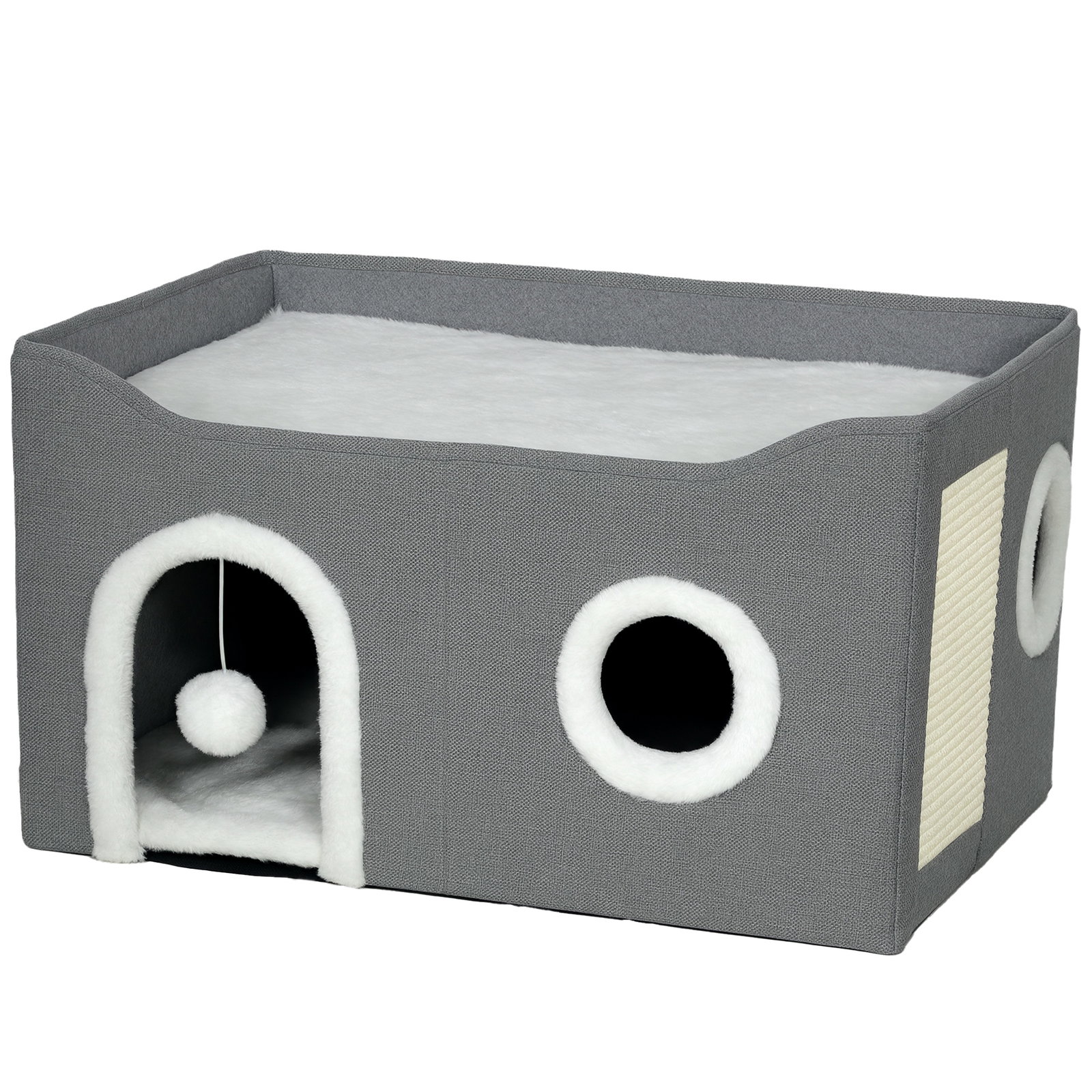 Casa para gatos dobrável com arranhador 3 entradas bola pendurada almofada reversível em pelúcia e tipo linho 60x40x34 cm cinza