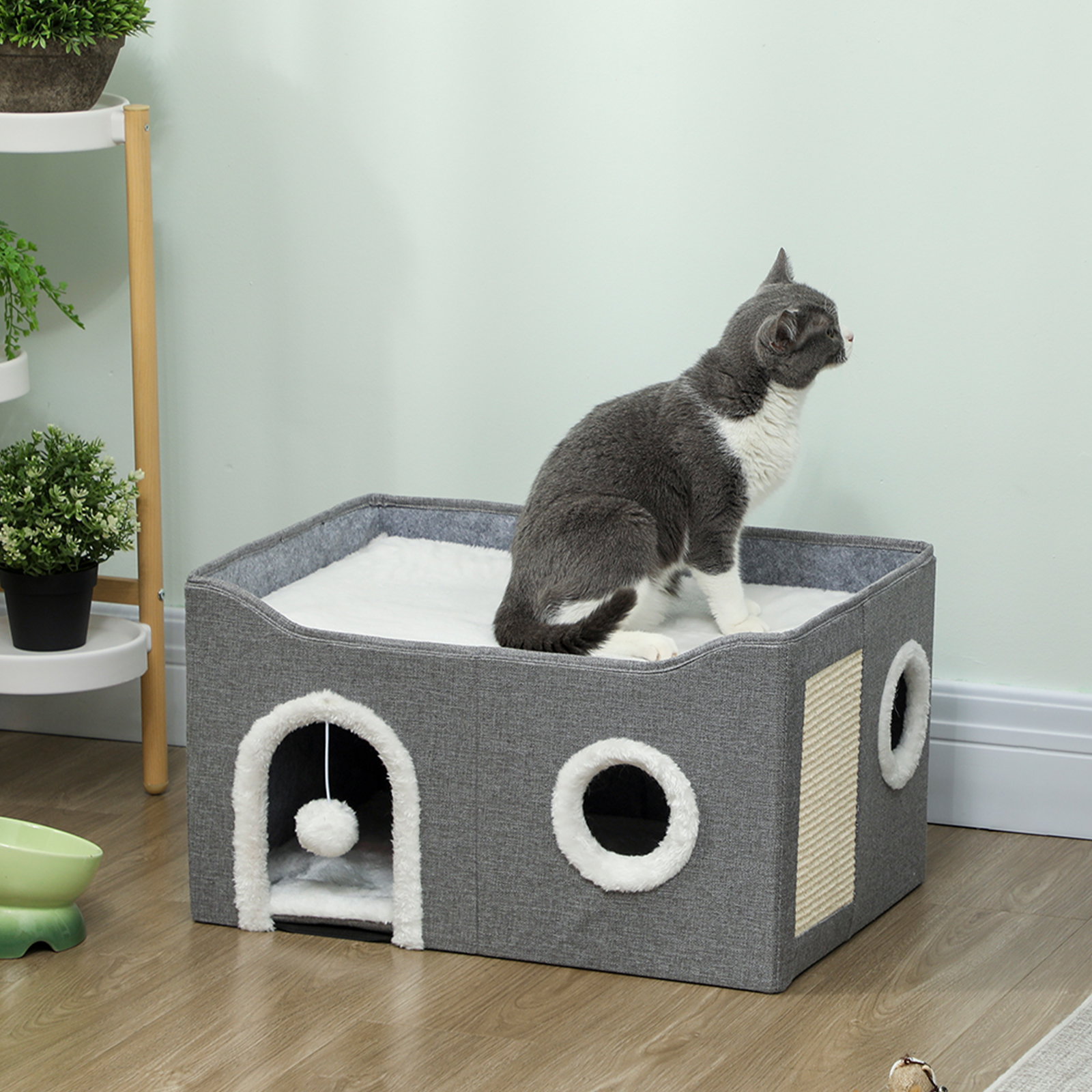 Casa para gatos dobrável com arranhador 3 entradas bola pendurada almofada reversível em pelúcia e tipo linho 60x40x34 cm cinza