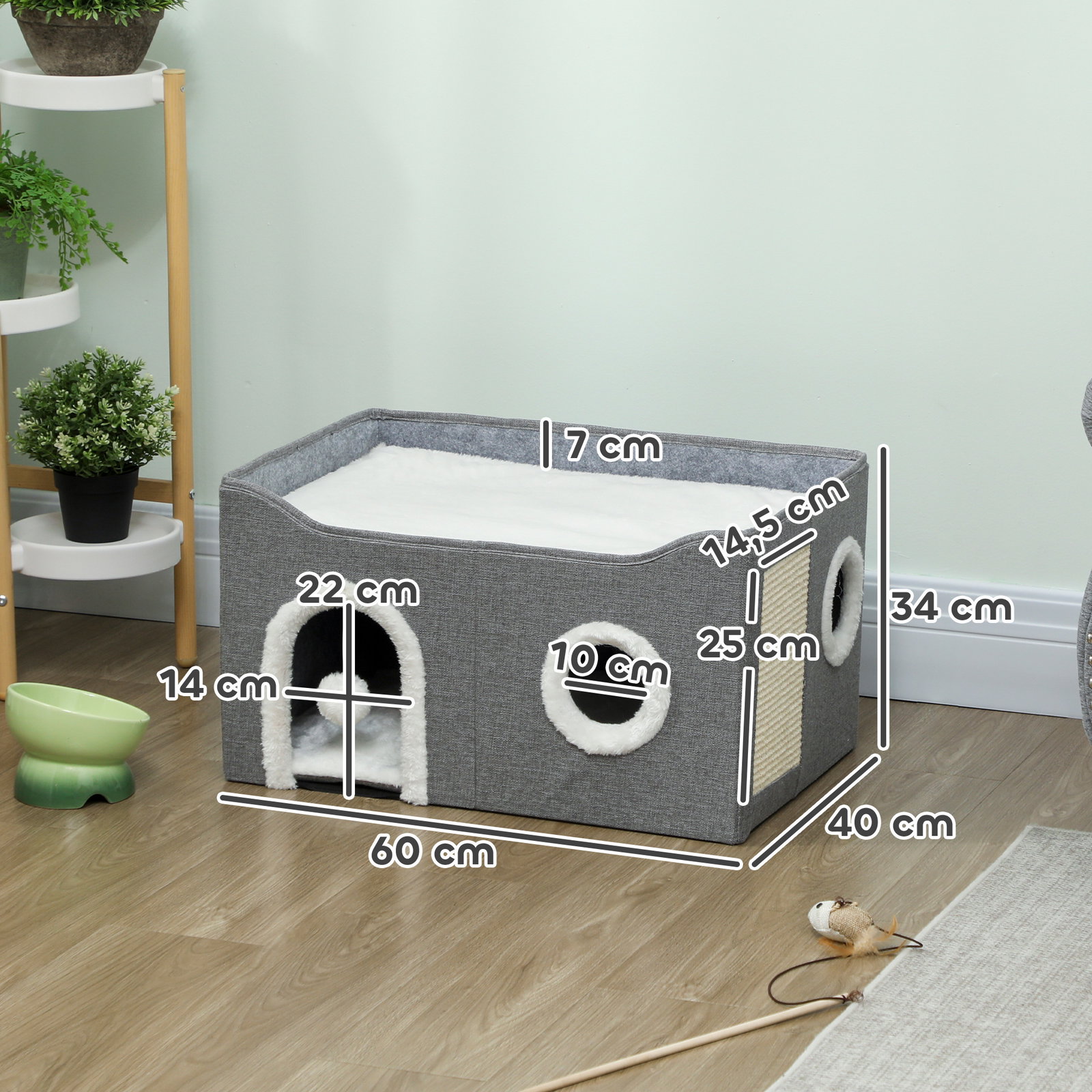 Casa para gatos dobrável com arranhador 3 entradas bola pendurada almofada reversível em pelúcia e tipo linho 60x40x34 cm cinza