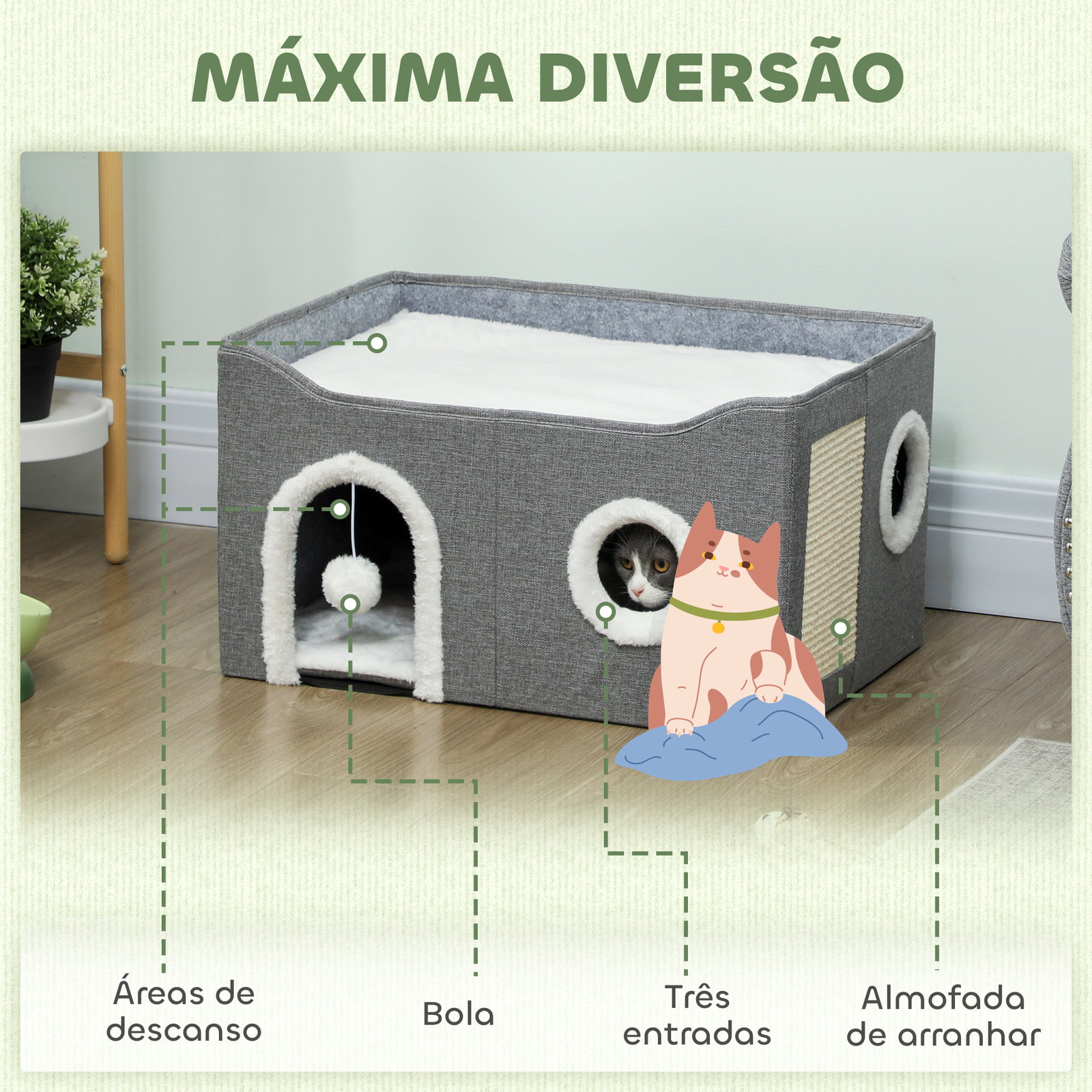 Casa para gatos dobrável com arranhador 3 entradas bola pendurada almofada reversível em pelúcia e tipo linho 60x40x34 cm cinza