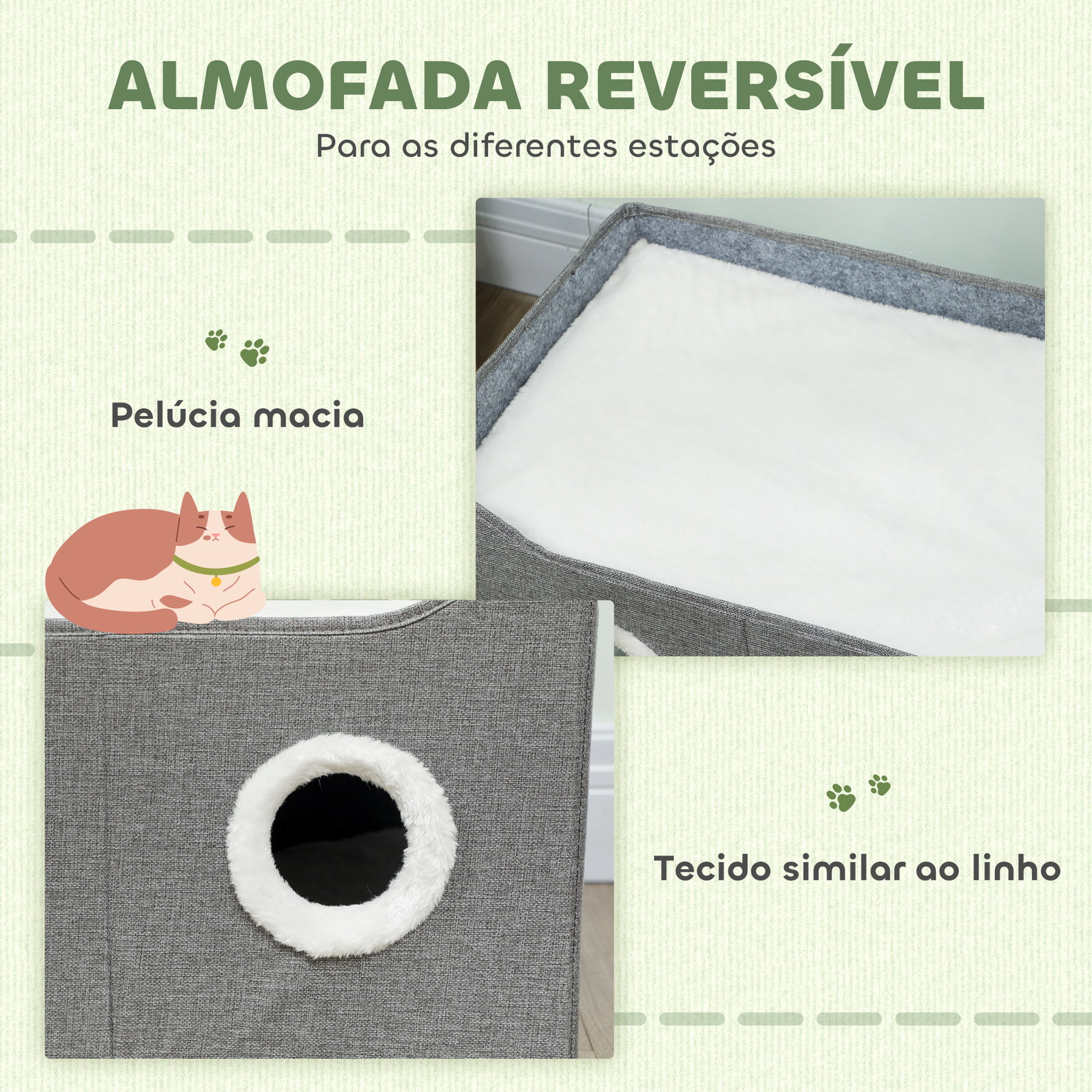Casa para gatos dobrável com arranhador 3 entradas bola pendurada almofada reversível em pelúcia e tipo linho 60x40x34 cm cinza
