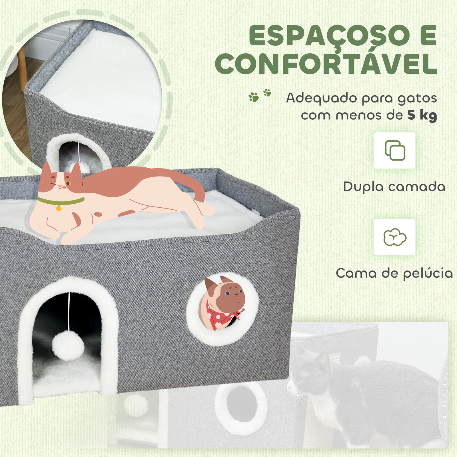 Casa para gatos dobrável com arranhador 3 entradas bola pendurada almofada reversível em pelúcia e tipo linho 60x40x34 cm cinza