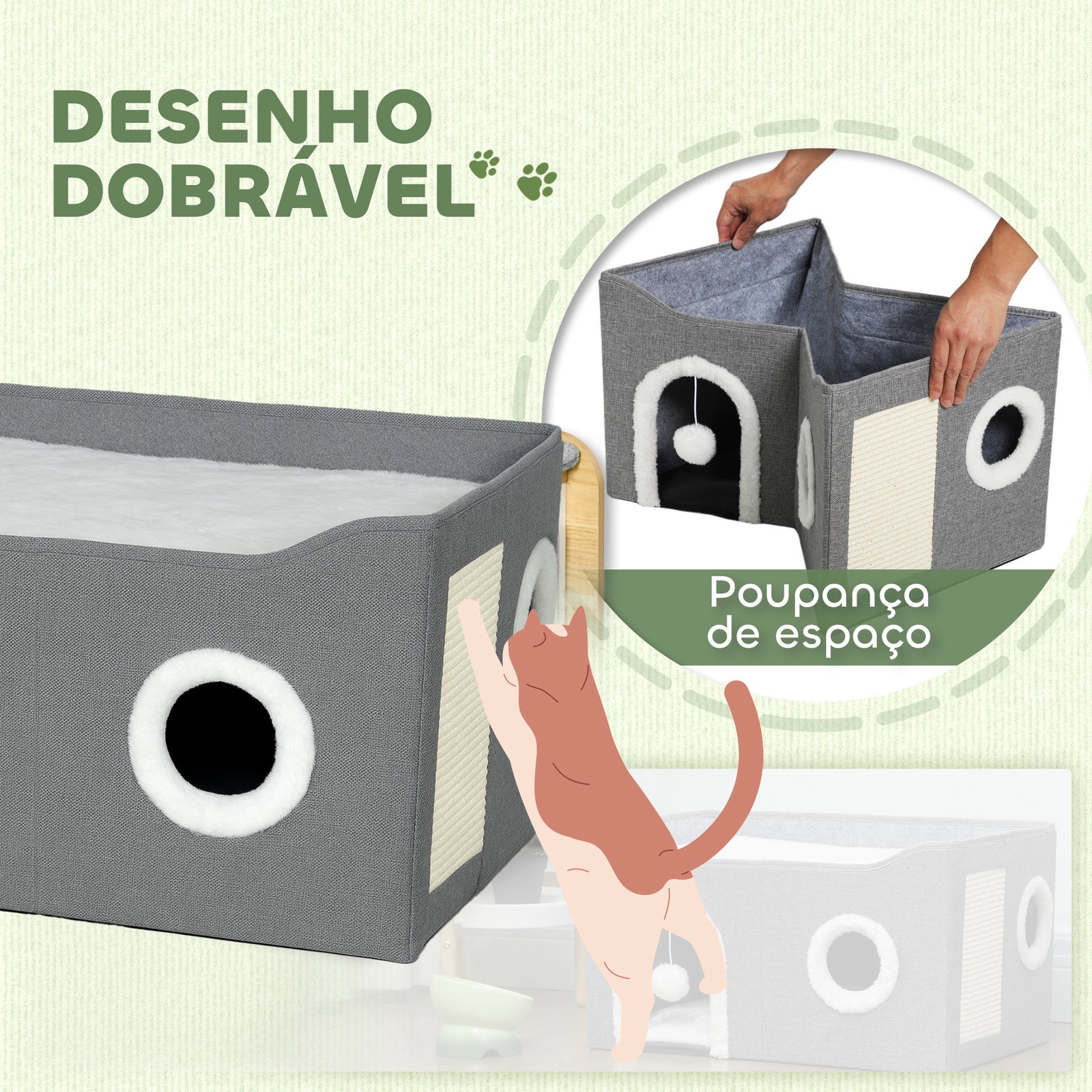 Casa para gatos dobrável com arranhador 3 entradas bola pendurada almofada reversível em pelúcia e tipo linho 60x40x34 cm cinza