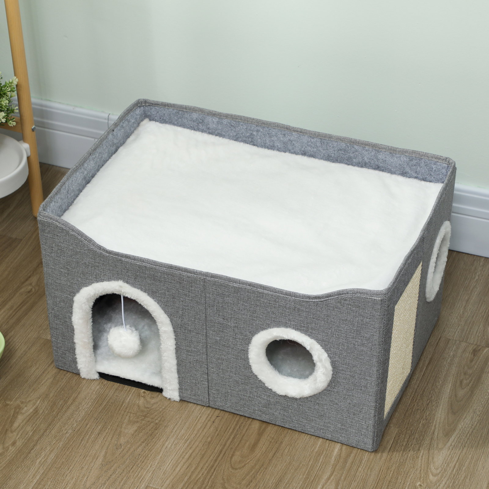 Casa para gatos dobrável com arranhador 3 entradas bola pendurada almofada reversível em pelúcia e tipo linho 60x40x34 cm cinza