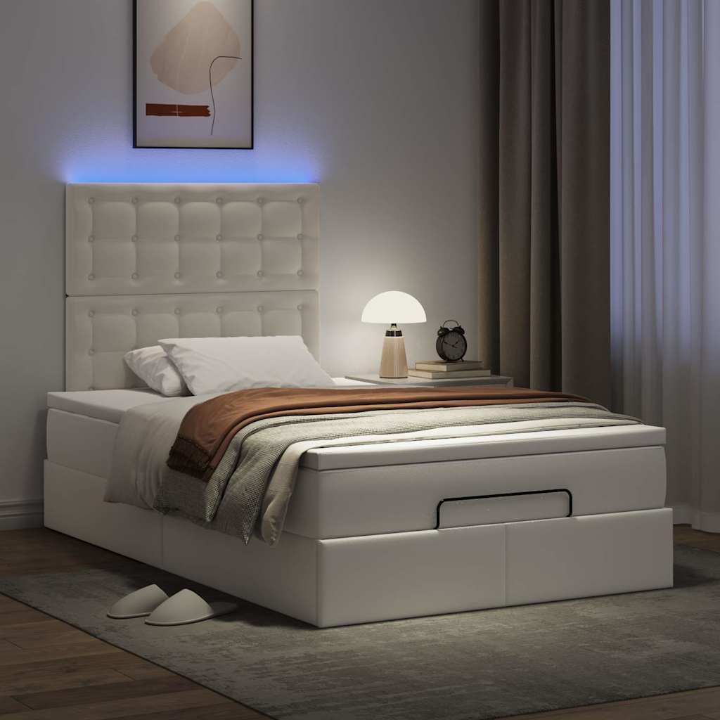 Estrutura de cama otomana com colchão branco couro falso