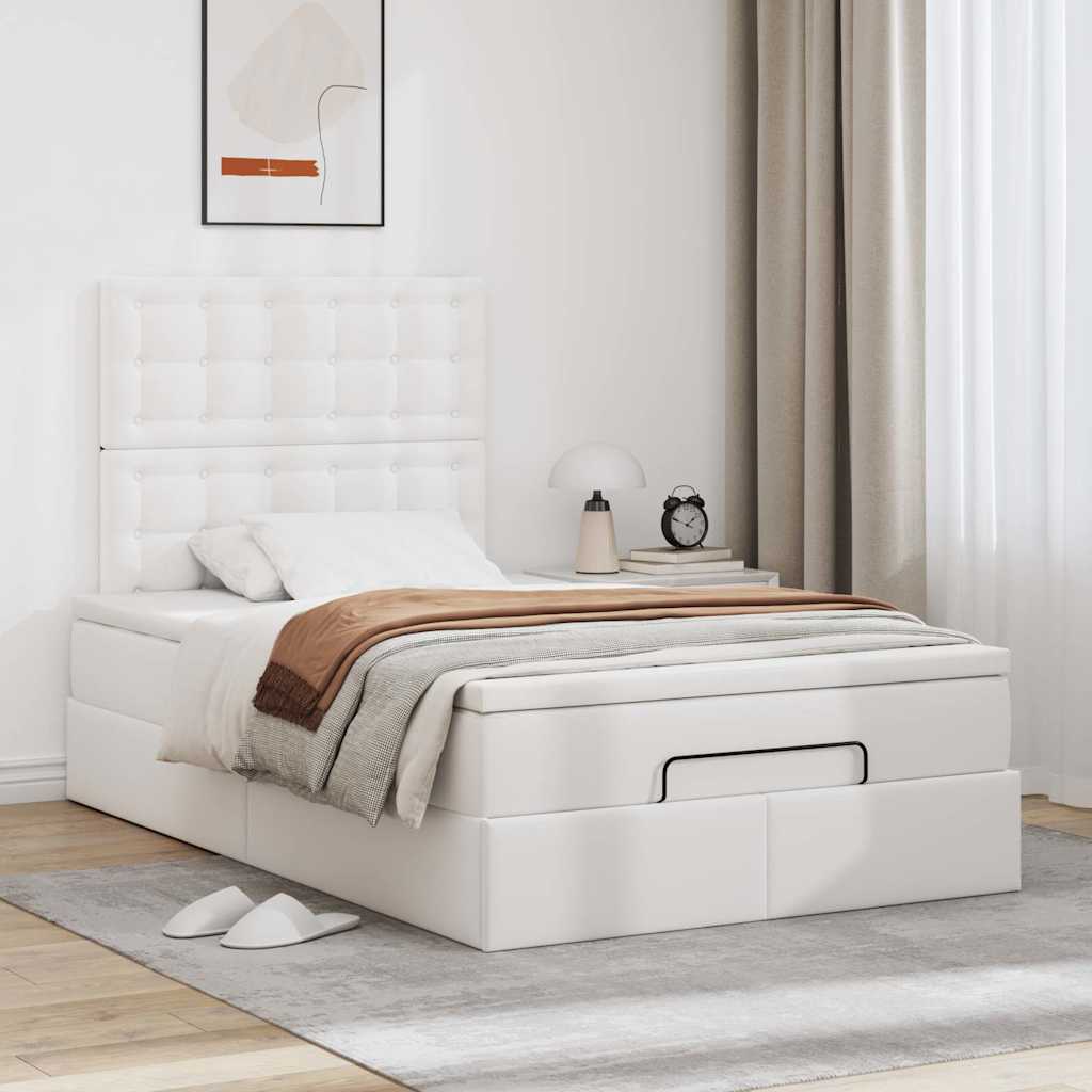 Estrutura de cama otomana com colchão branco couro falso