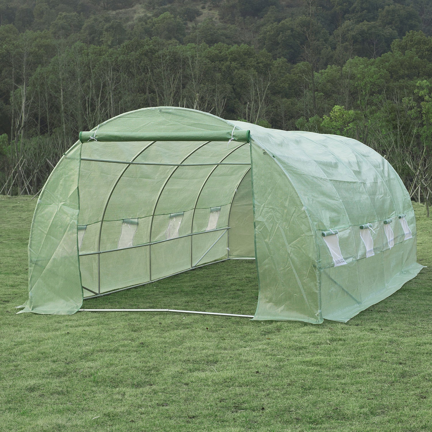 Estufa tipo túnel 590x300x200cm com porta enrolável 8 janelas cobertura de PE 140g/m² e tubo de aço para cultivos de plantas verduras verde