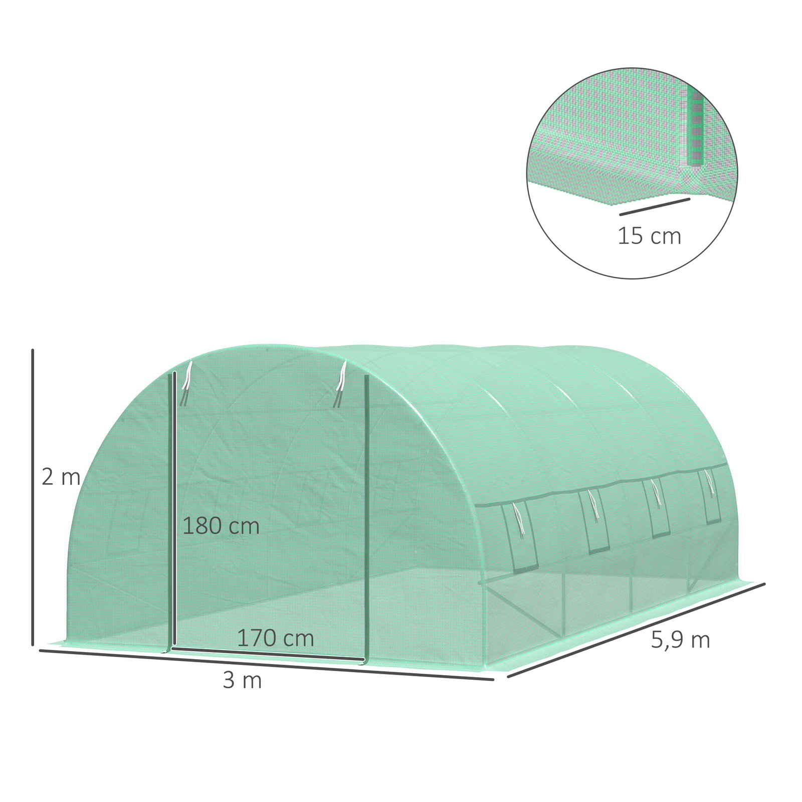 Estufa tipo túnel 590x300x200cm com porta enrolável 8 janelas cobertura de PE 140g/m² e tubo de aço para cultivos de plantas verduras verde