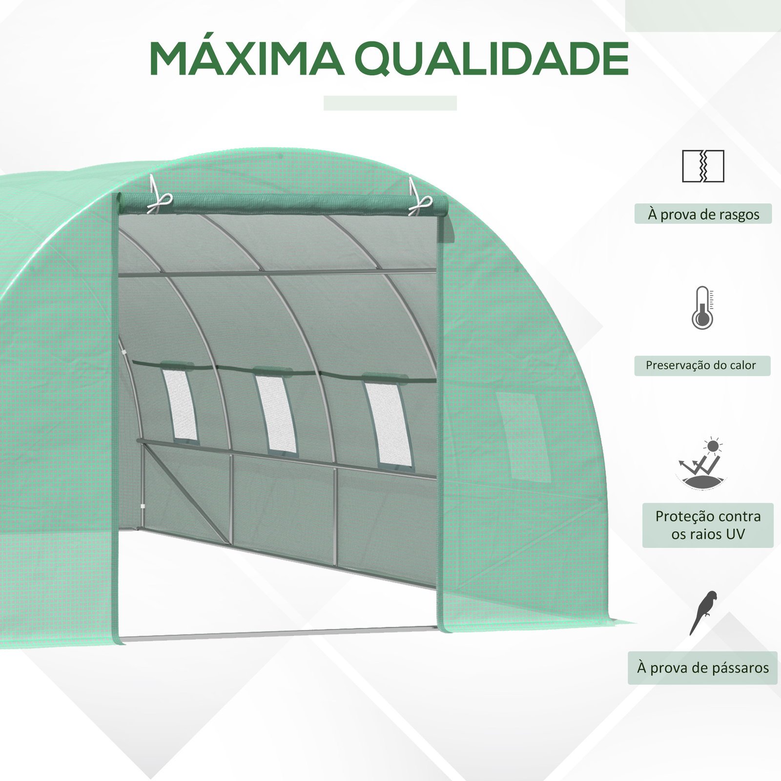 Estufa tipo túnel 590x300x200cm com porta enrolável 8 janelas cobertura de PE 140g/m² e tubo de aço para cultivos de plantas verduras verde