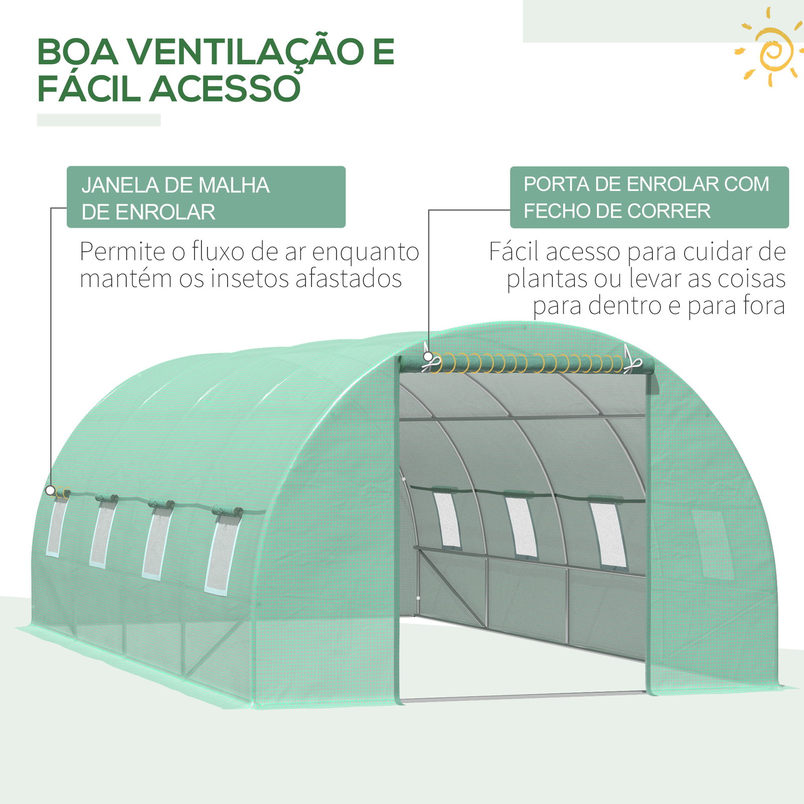 Estufa tipo túnel 590x300x200cm com porta enrolável 8 janelas cobertura de PE 140g/m² e tubo de aço para cultivos de plantas verduras verde