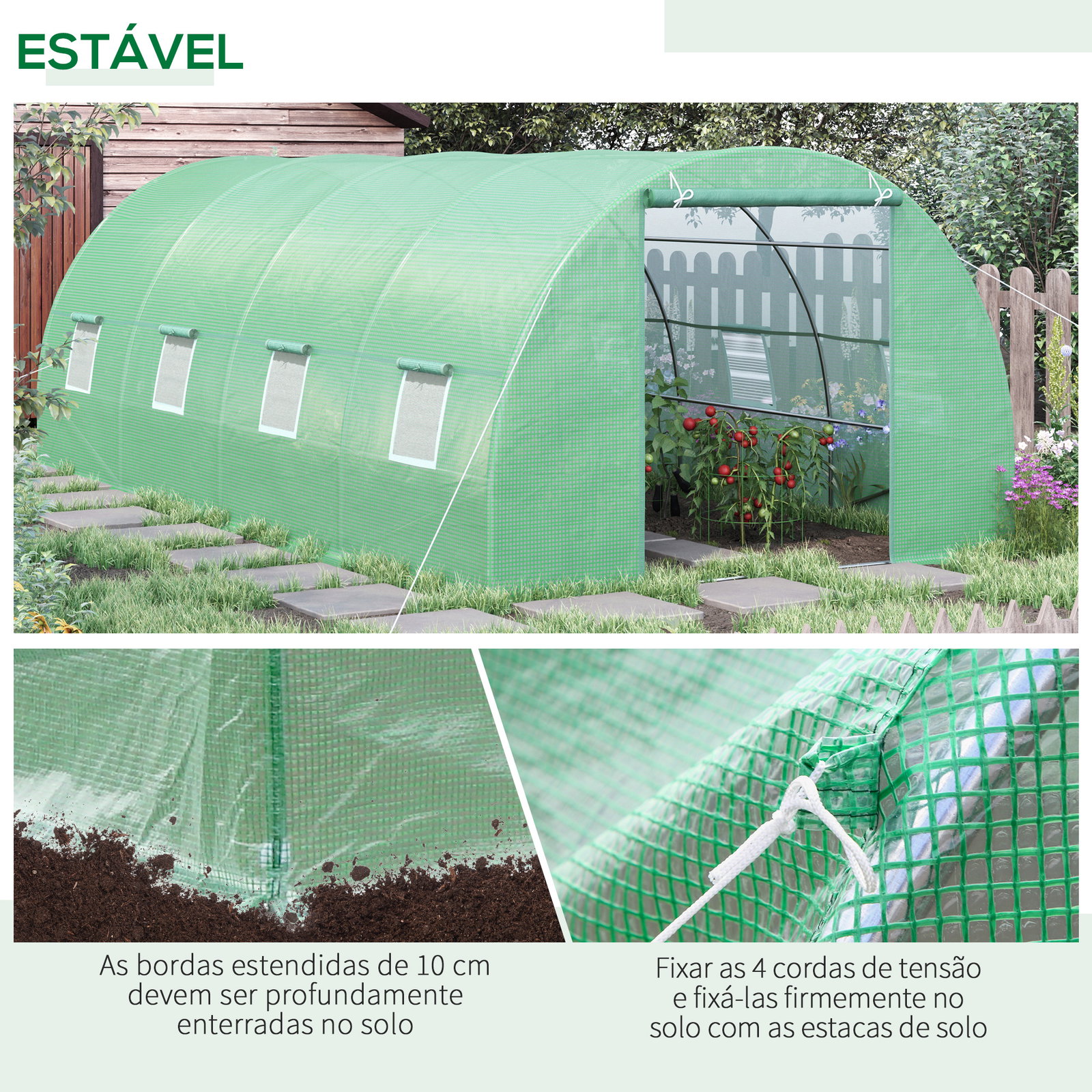 Estufa tipo túnel 590x300x200cm com porta enrolável 8 janelas cobertura de PE 140g/m² e tubo de aço para cultivos de plantas verduras verde