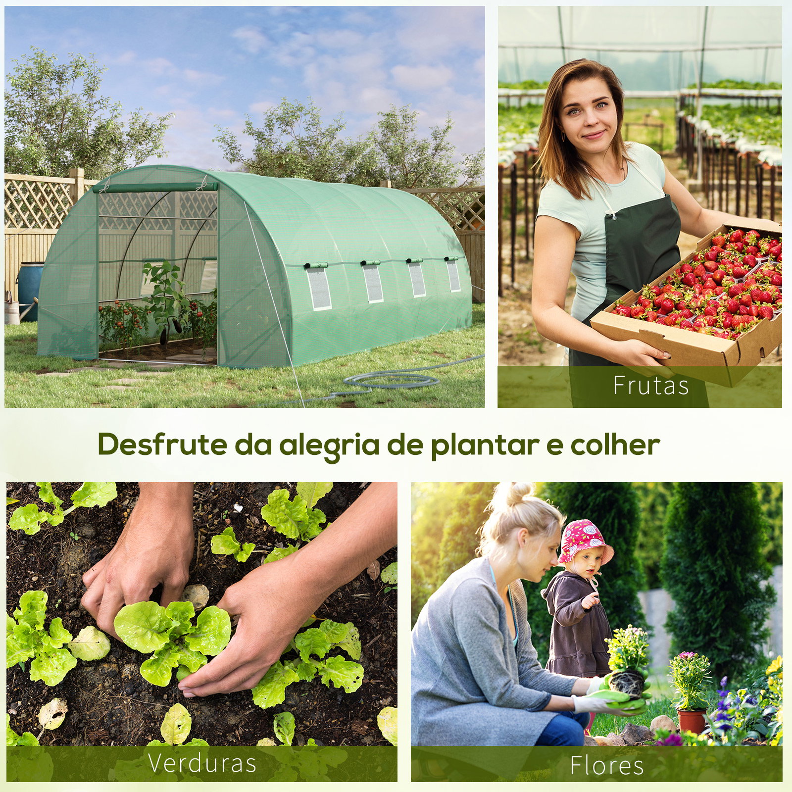Estufa tipo túnel 590x300x200cm com porta enrolável 8 janelas cobertura de PE 140g/m² e tubo de aço para cultivos de plantas verduras verde