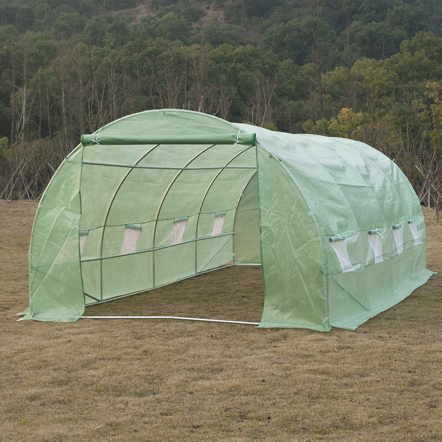 Estufa tipo túnel 590x300x200cm com porta enrolável 8 janelas cobertura de PE 140g/m² e tubo de aço para cultivos de plantas verduras verde