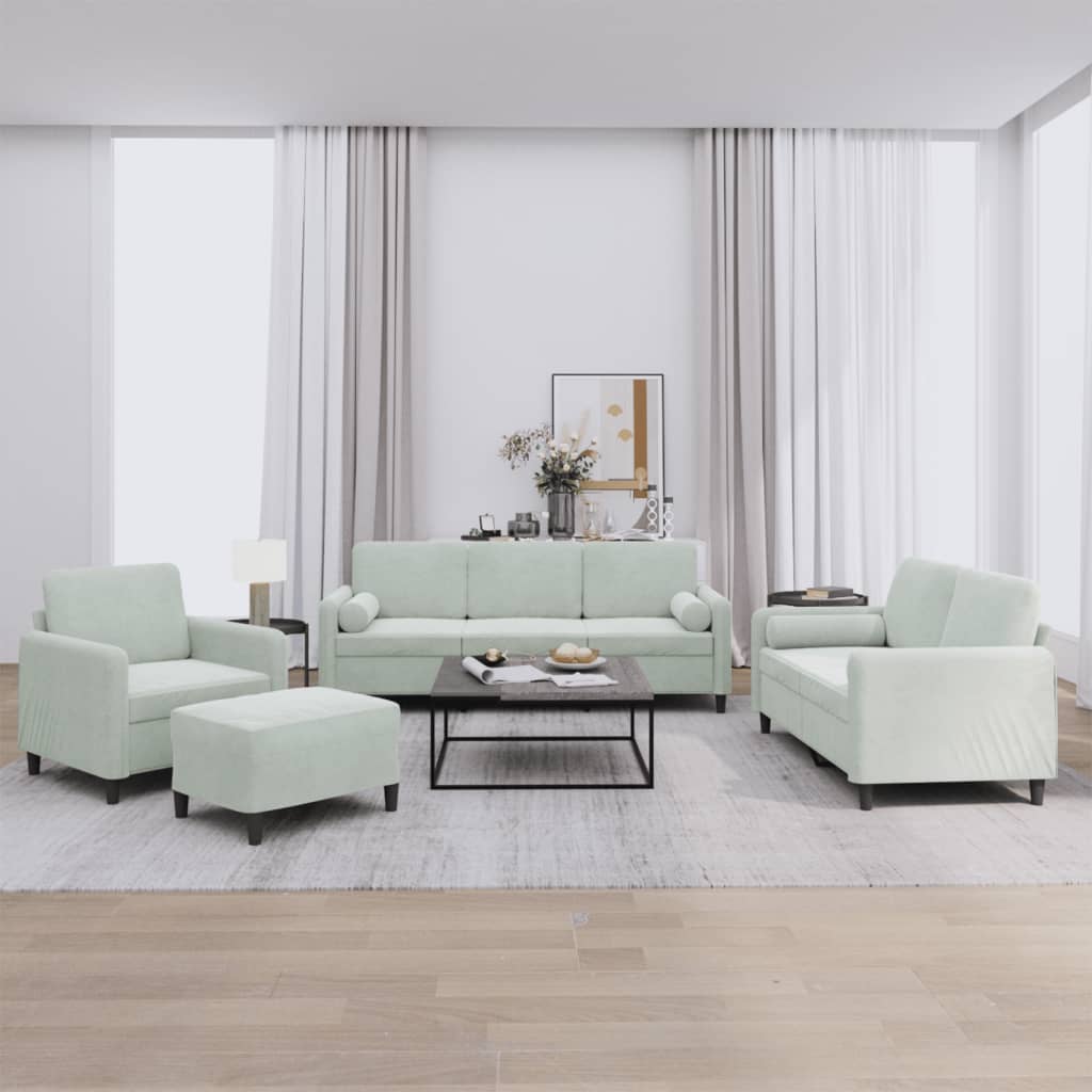 4 Pcs conjunto de sofás com almofadas veludo cinzento-claro