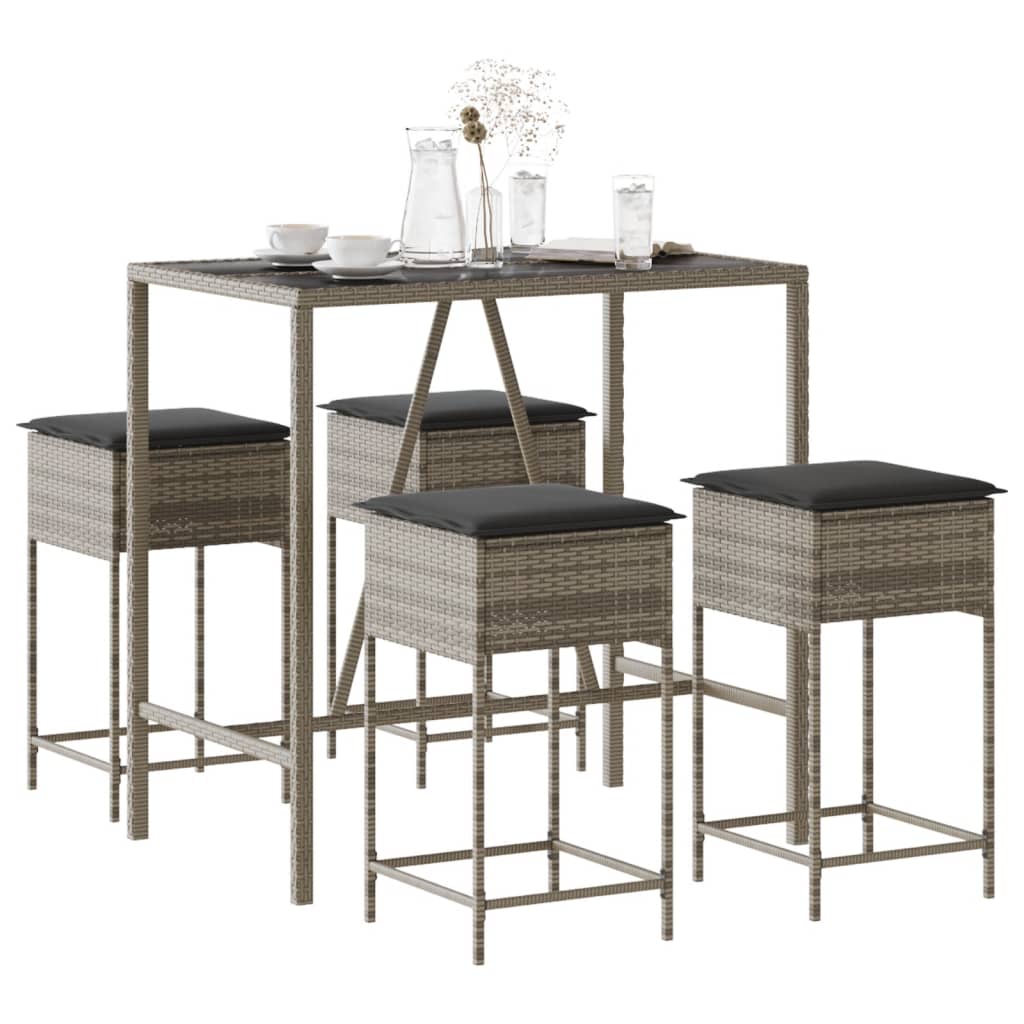 5 Pcs conjunto de bar p/ jardim c/ almofadões vime PE cinzento