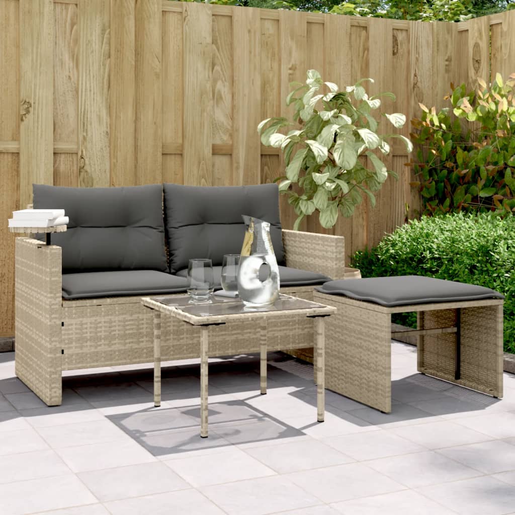3 Pcs conj. sofás jardim c/ almofadões vime PE cinzento-claro