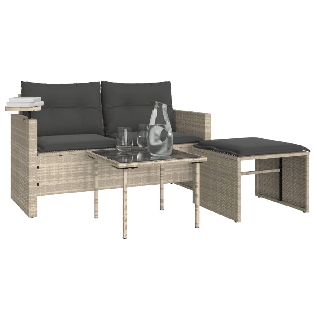 3 Pcs conj. sofás jardim c/ almofadões vime PE cinzento-claro