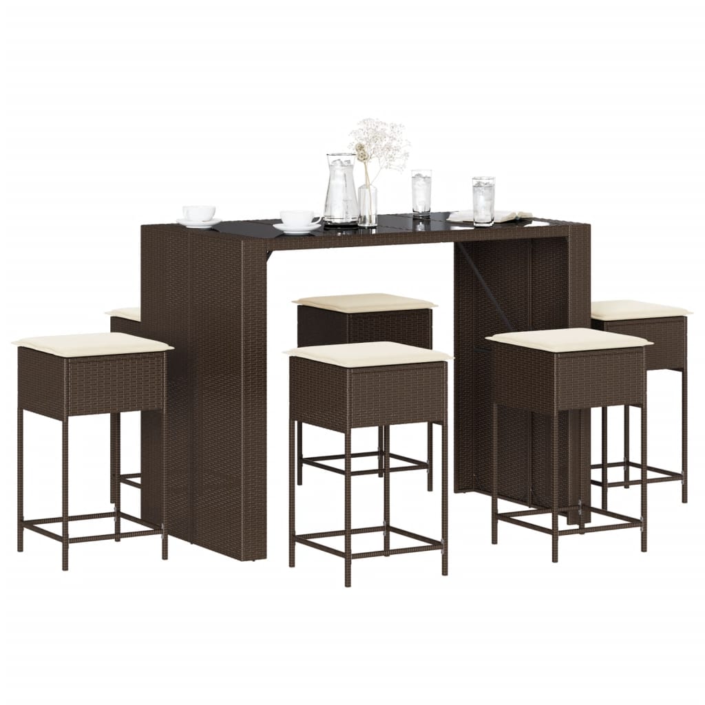 7 Pcs conjunto de bar p/ jardim c/ almofadões vime PE castanho