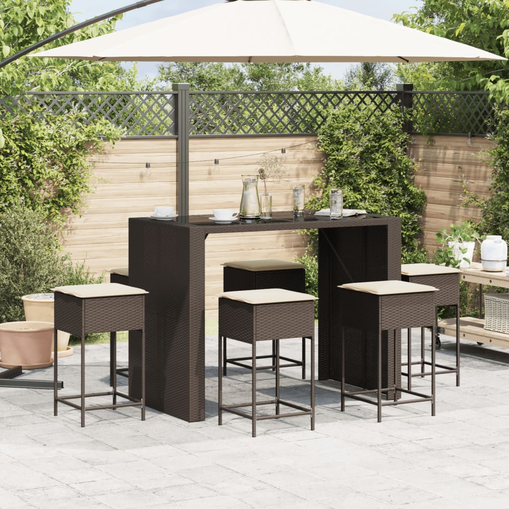 7 Pcs conjunto de bar p/ jardim c/ almofadões vime PE castanho