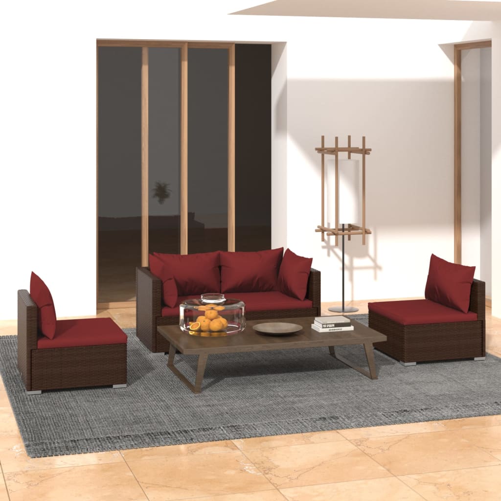 4 Pcs conjunto lounge jardim c/ almofadões vime PE castanho