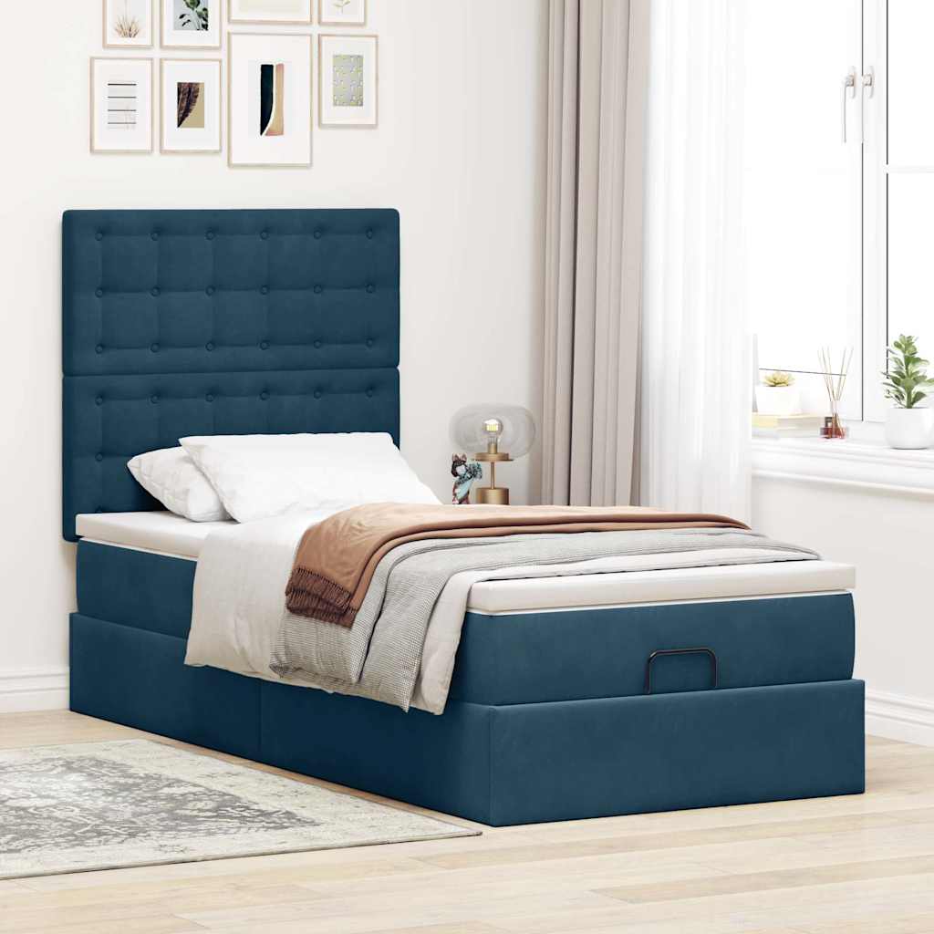 Estrutura de cama otomana com colchões azul escuro veludo