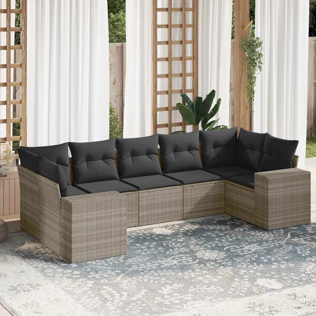 7 Pcs conj. sofás jardim com almofadões vime PE cinzento-claro