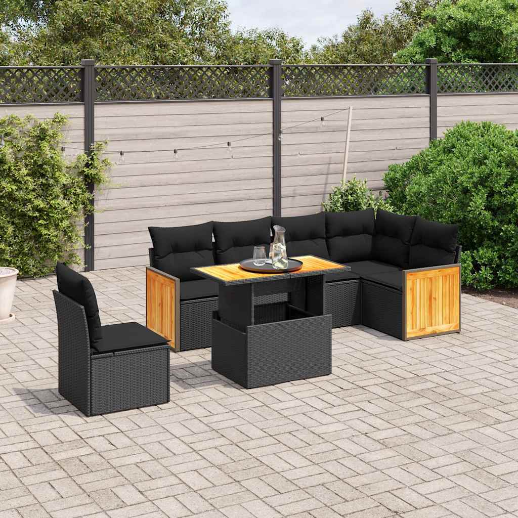 7 Pcs conjunto de sofás p/ jardim c/ almofadões vime PE preto