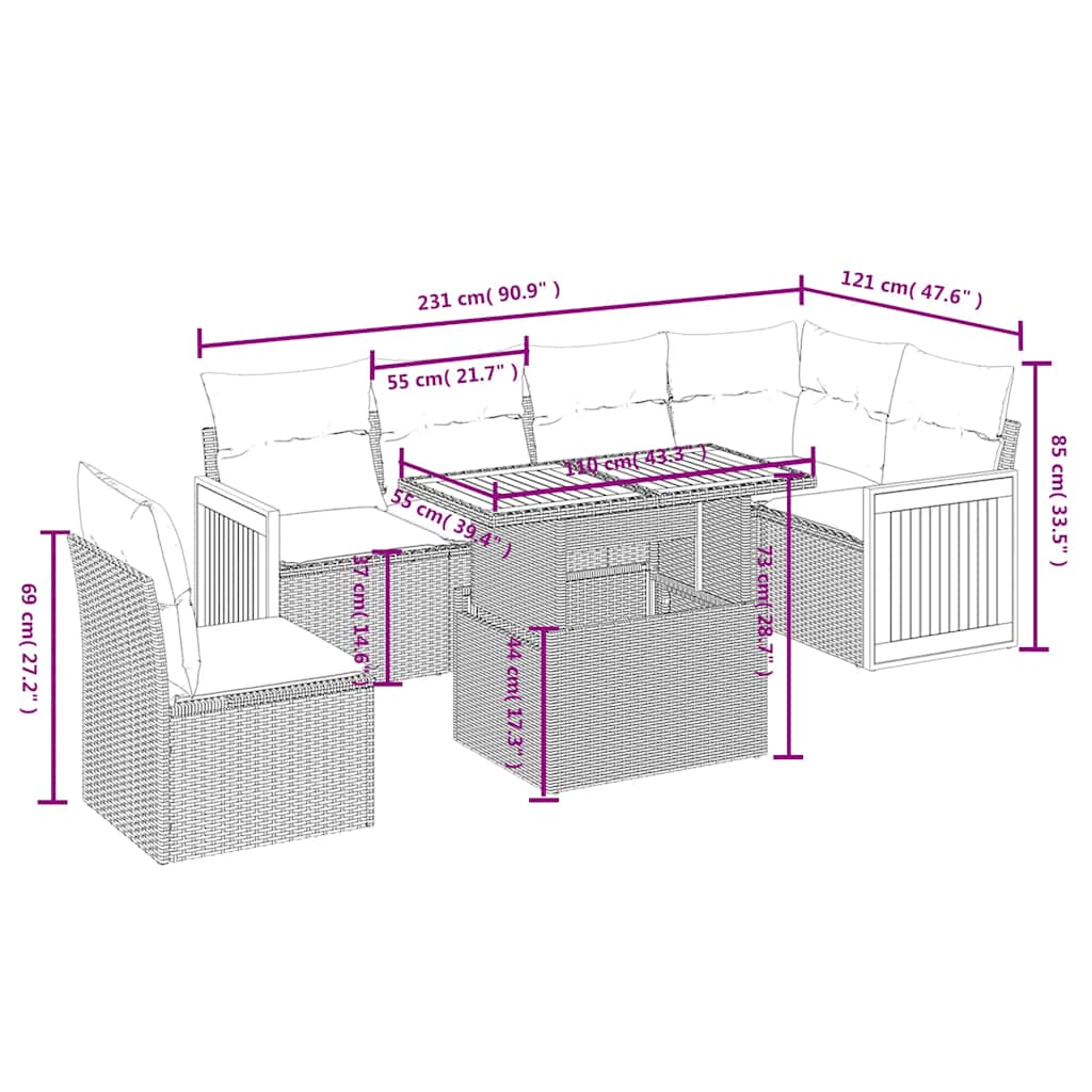 7 Pcs conjunto de sofás p/ jardim c/ almofadões vime PE preto