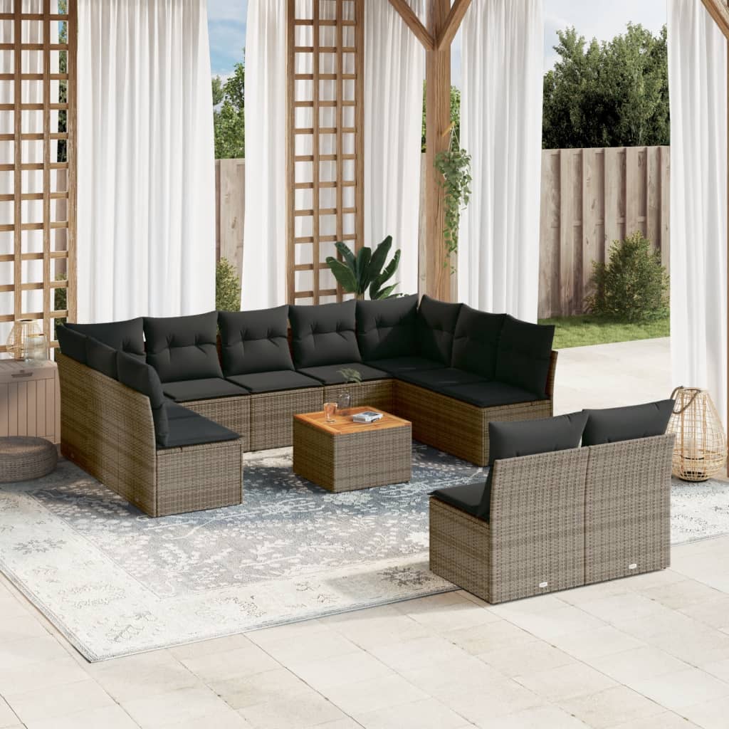 12 Pcs conjunto de sofás jardim c/ almofadões vime PE cinzento