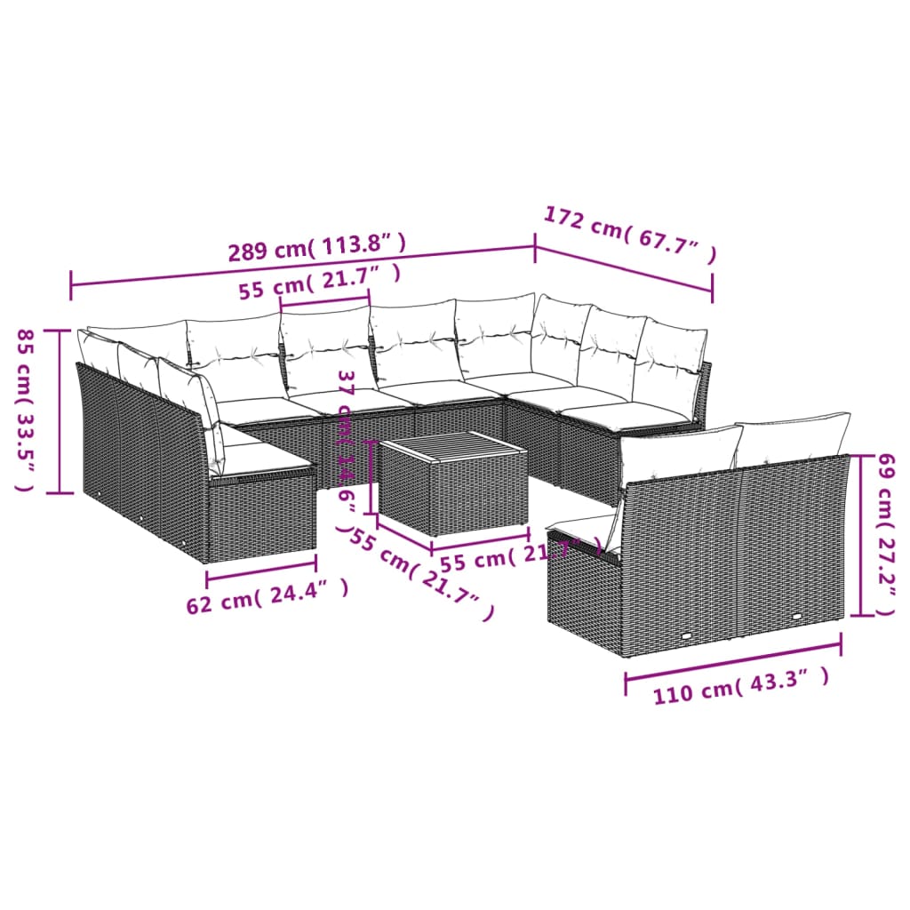 12 Pcs conjunto de sofás jardim c/ almofadões vime PE cinzento