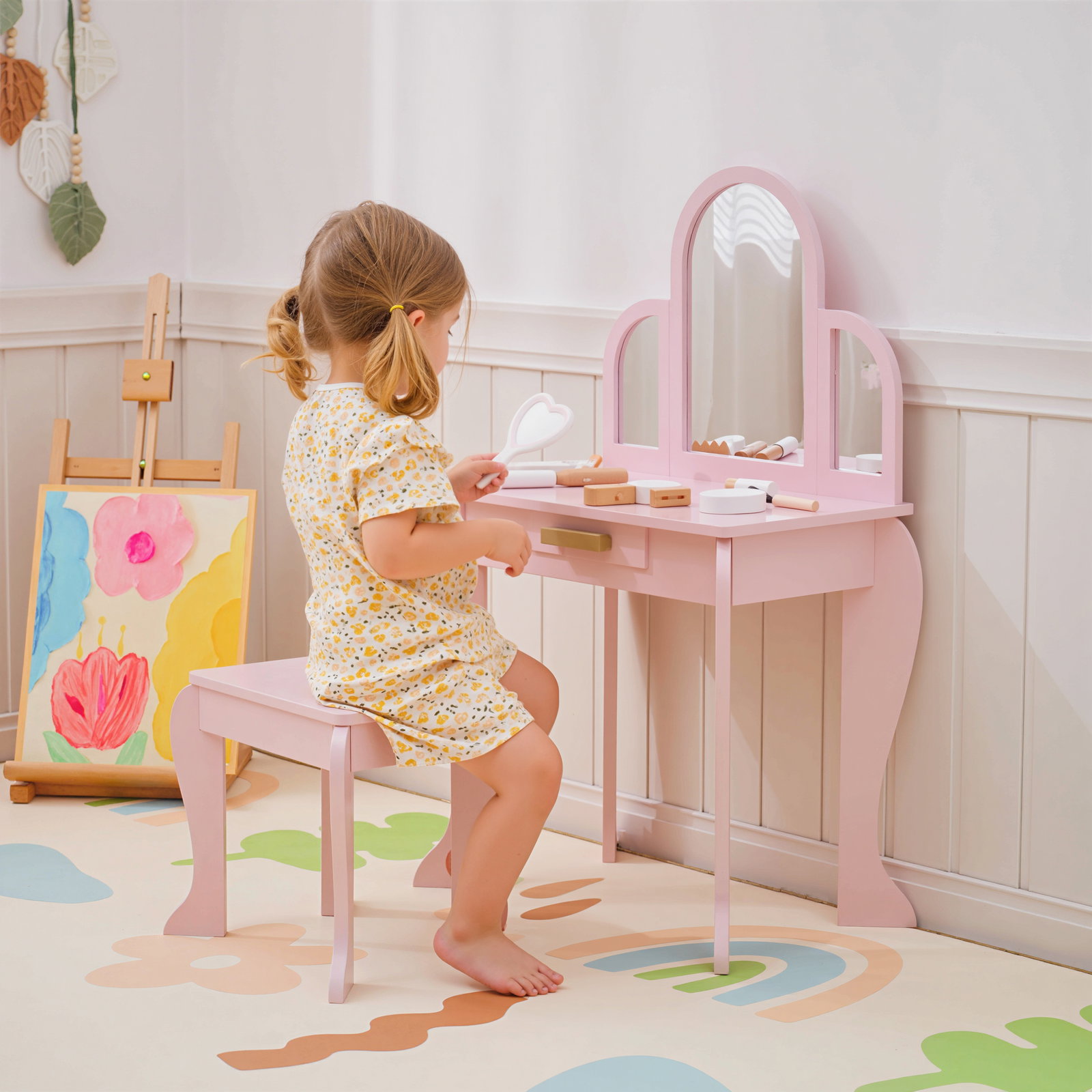 Toucador para crianças com espelho e banco toucador de maquilhagem para crianças de 3 a 6 anos 52x32x85 cm rosa