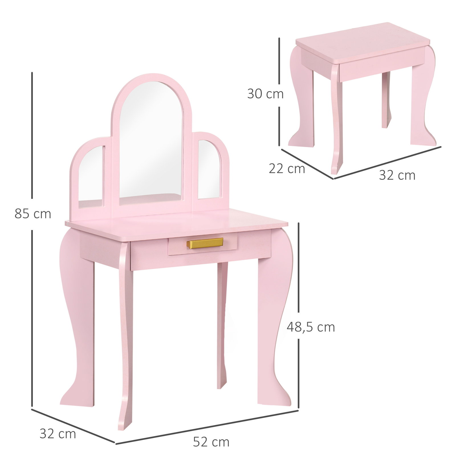 Toucador para crianças com espelho e banco toucador de maquilhagem para crianças de 3 a 6 anos 52x32x85 cm rosa