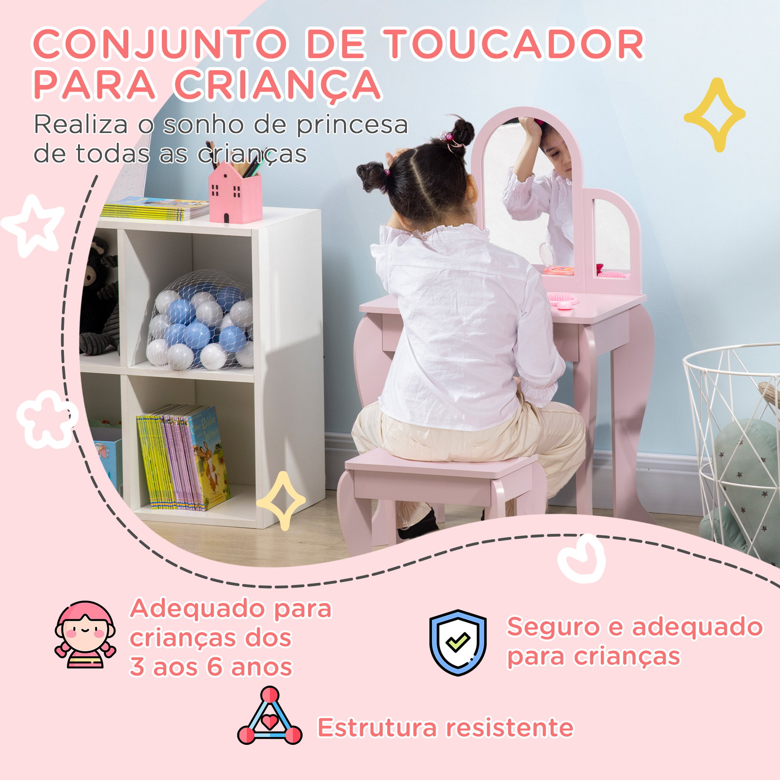 Toucador para crianças com espelho e banco toucador de maquilhagem para crianças de 3 a 6 anos 52x32x85 cm rosa