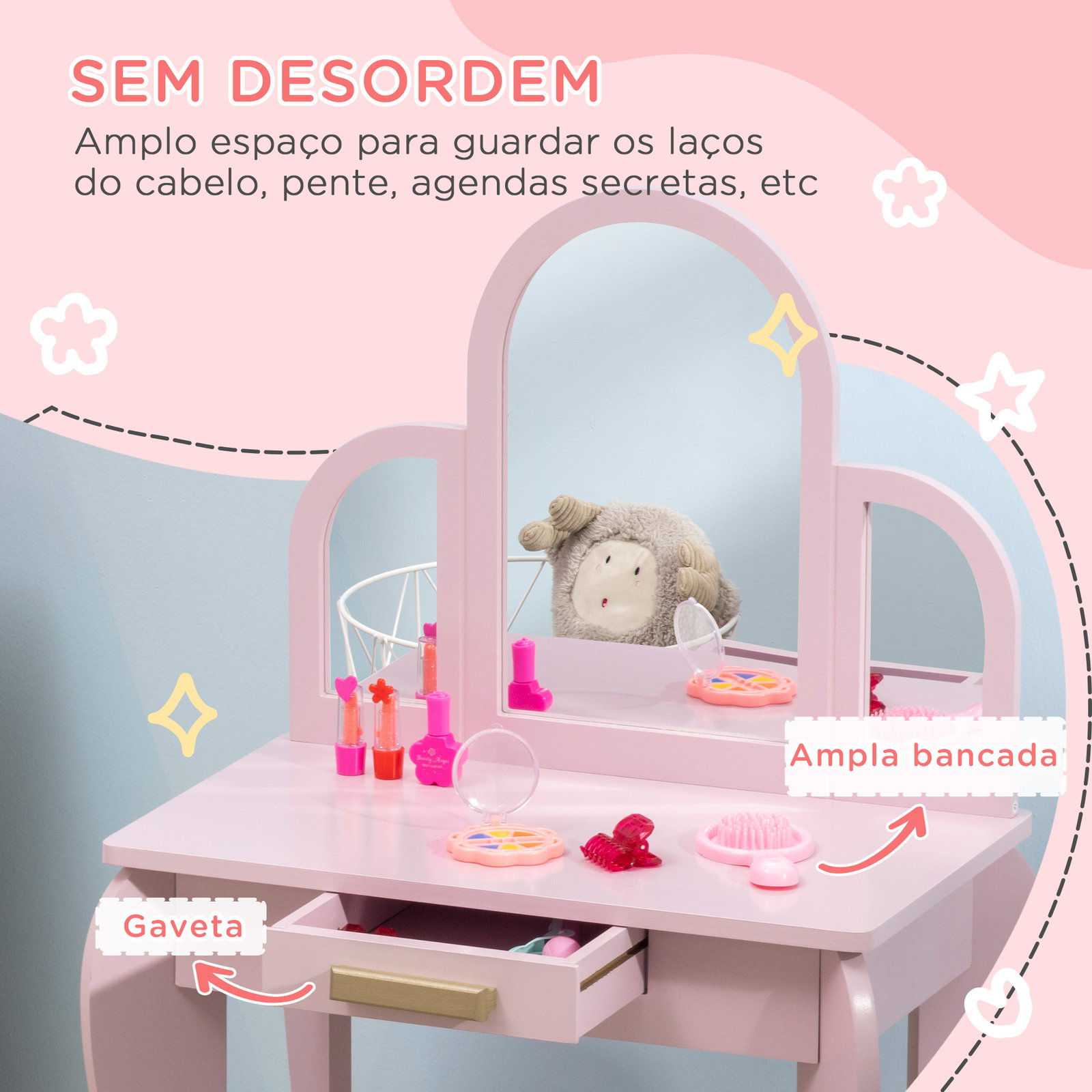 Toucador para crianças com espelho e banco toucador de maquilhagem para crianças de 3 a 6 anos 52x32x85 cm rosa