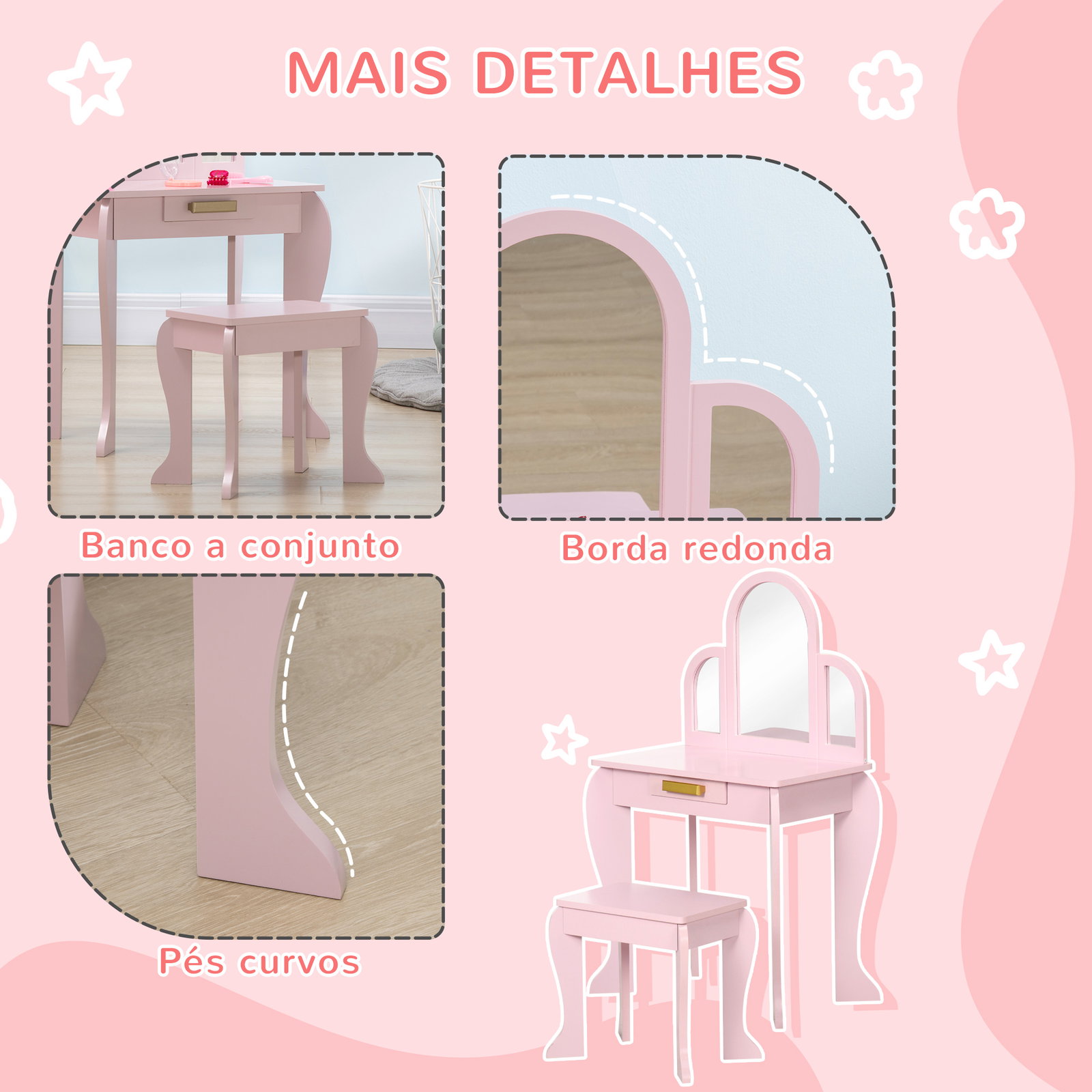 Toucador para crianças com espelho e banco toucador de maquilhagem para crianças de 3 a 6 anos 52x32x85 cm rosa