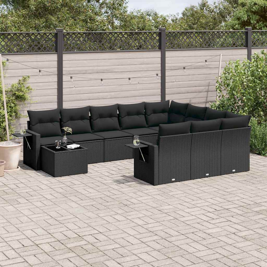 11 Pcs conjunto sofás de jardim c/ almofadões vime PE preto