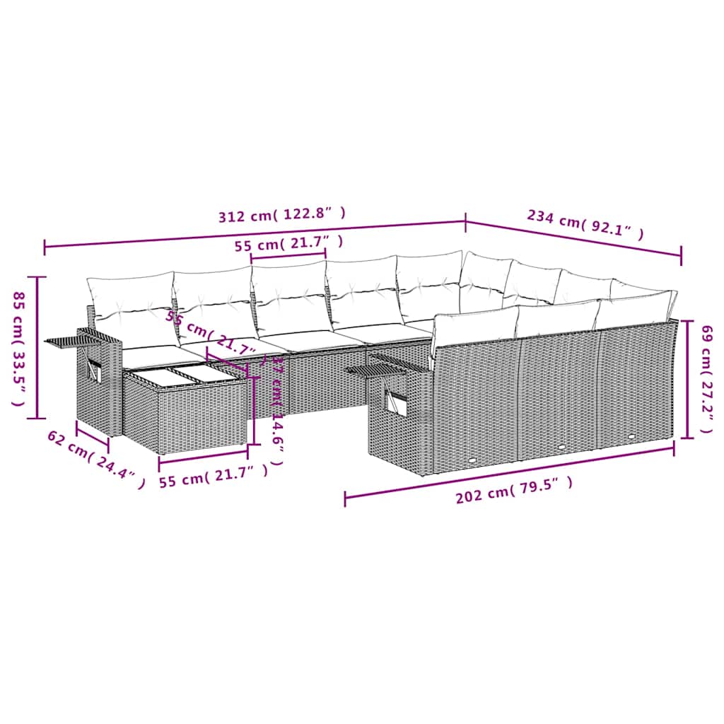 11 Pcs conjunto sofás de jardim c/ almofadões vime PE preto