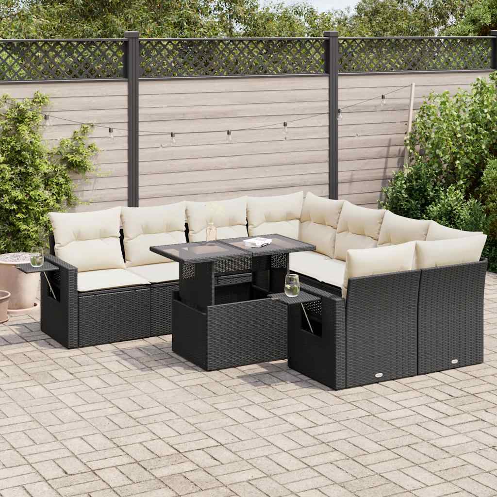 9 Pcs conjunto de sofás p/ jardim c/ almofadões vime PE preto