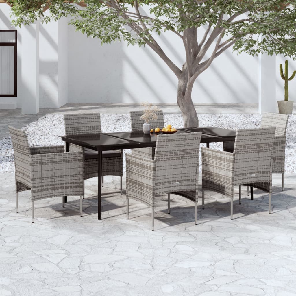 7 Pcs conjunto de jantar p/ jardim c/ almofadões cinza e preto