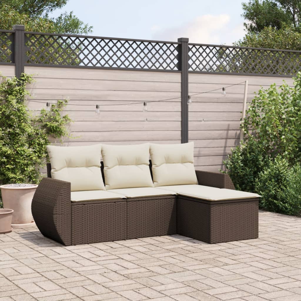 4 Pcs conjunto sofás de jardim c/ almofadões vime PE castanho