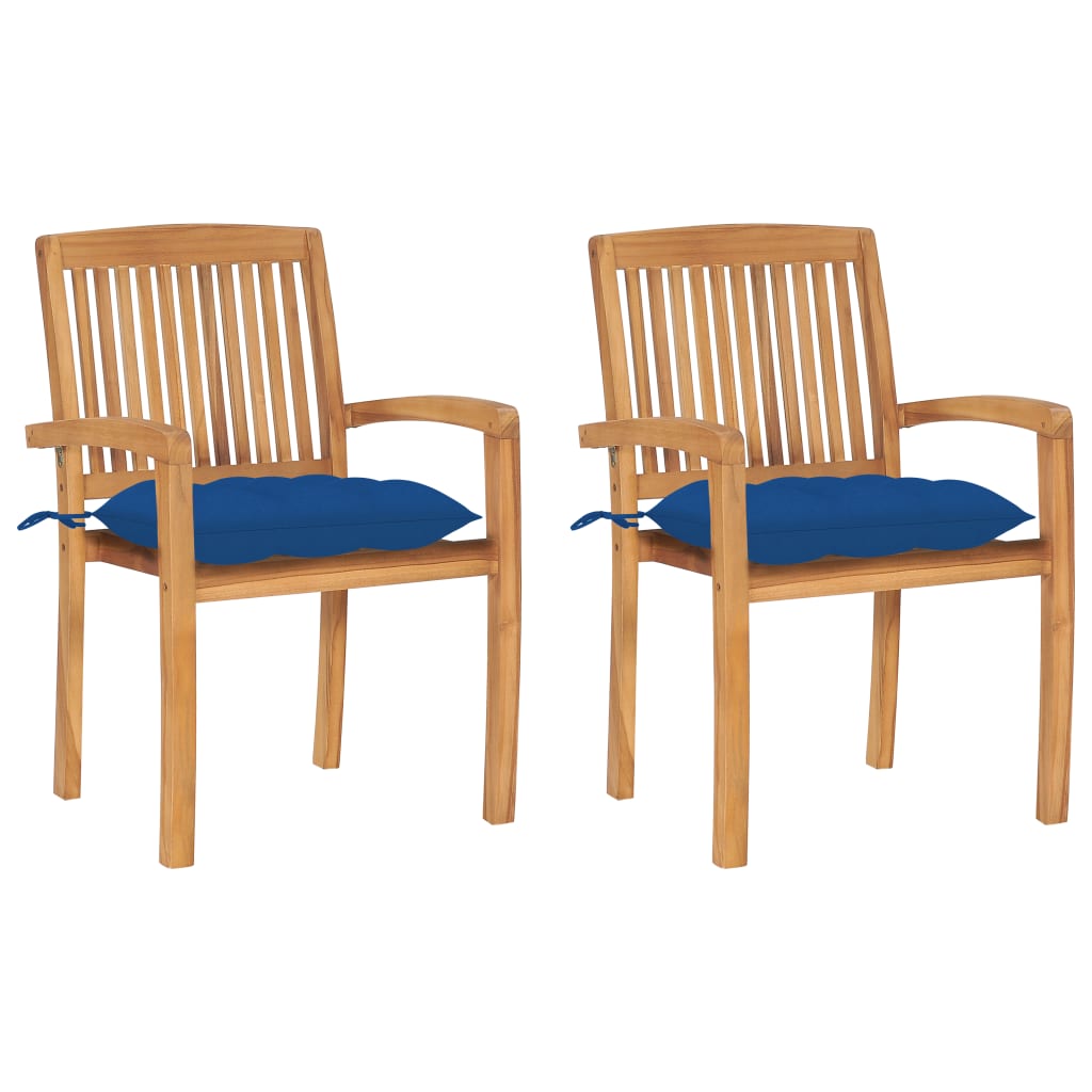 Cadeiras de jardim c/ almofadões azuis 2 pcs teca maciça