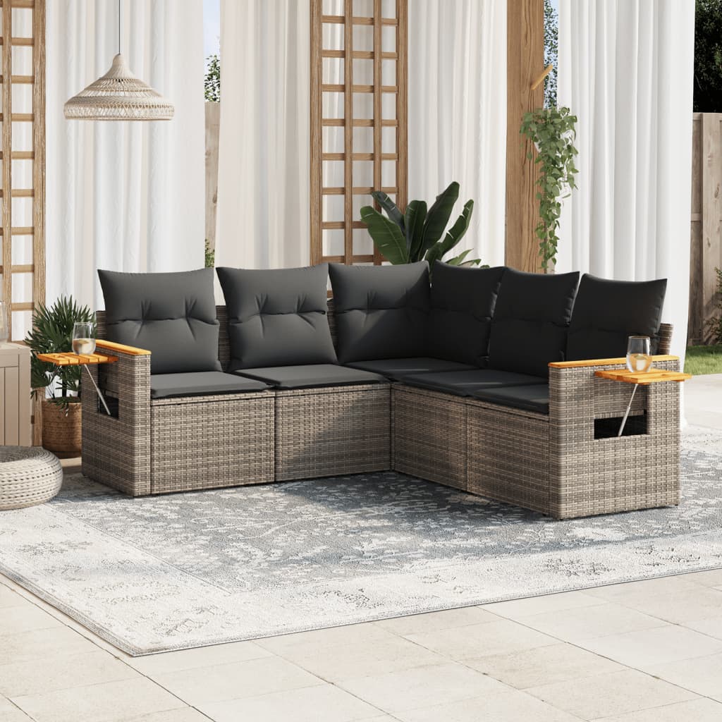 5 Pcs conjunto sofás de jardim c/ almofadões vime PE cinzento