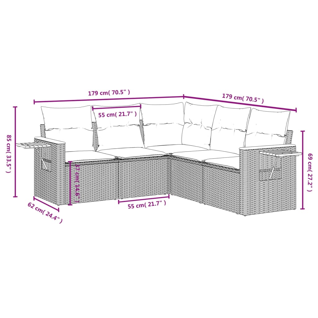 5 Pcs conjunto sofás de jardim c/ almofadões vime PE cinzento