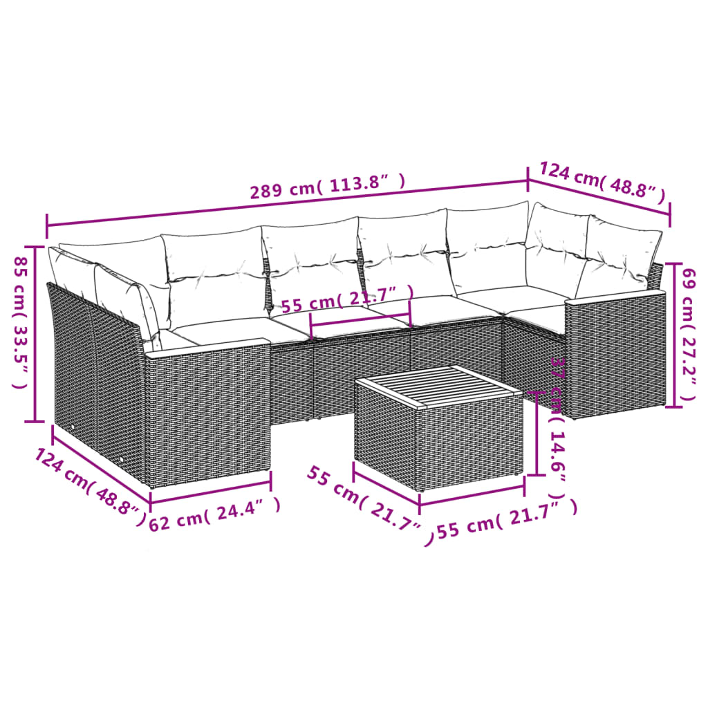 8 Pcs conjunto de sofás p/ jardim com almofadões vime PE bege
