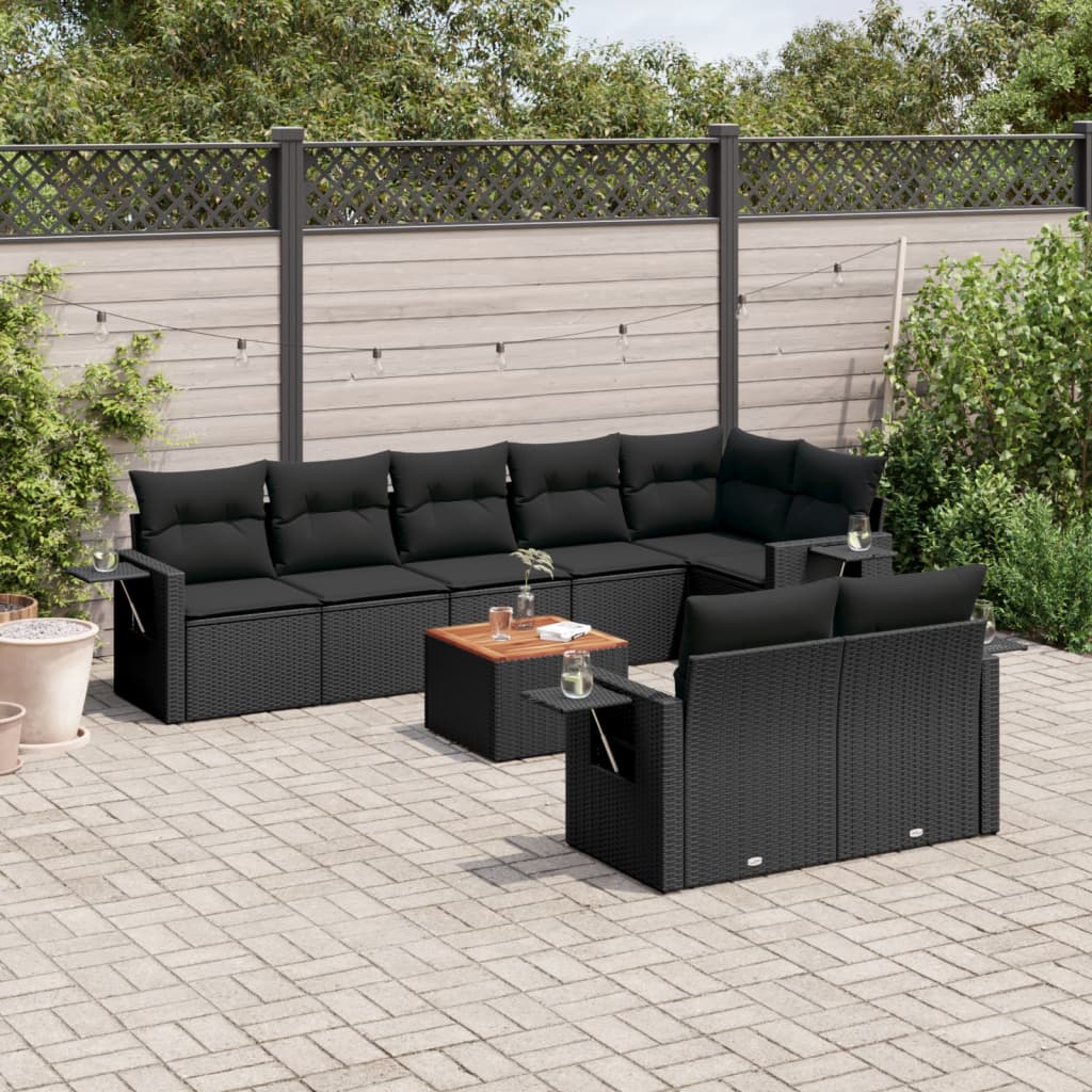 9 Pcs conjunto de sofás p/ jardim c/ almofadões vime PE preto
