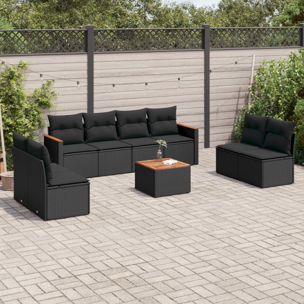 9 Pcs conjunto de sofás p/ jardim c/ almofadões vime PE preto